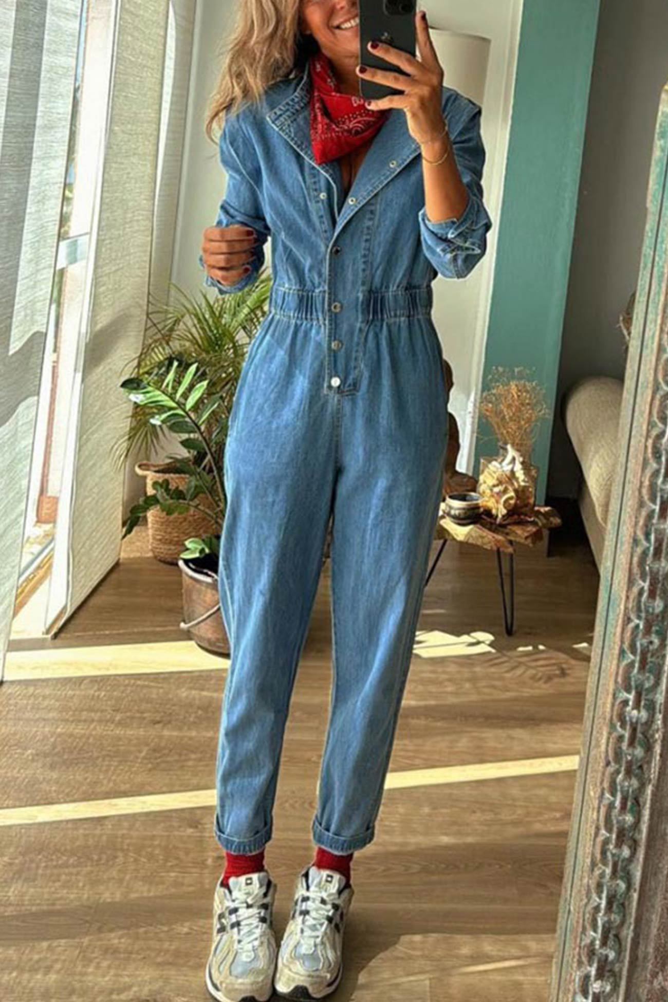 Lapel Button-down Elastic Waist Denim Jumpsuits