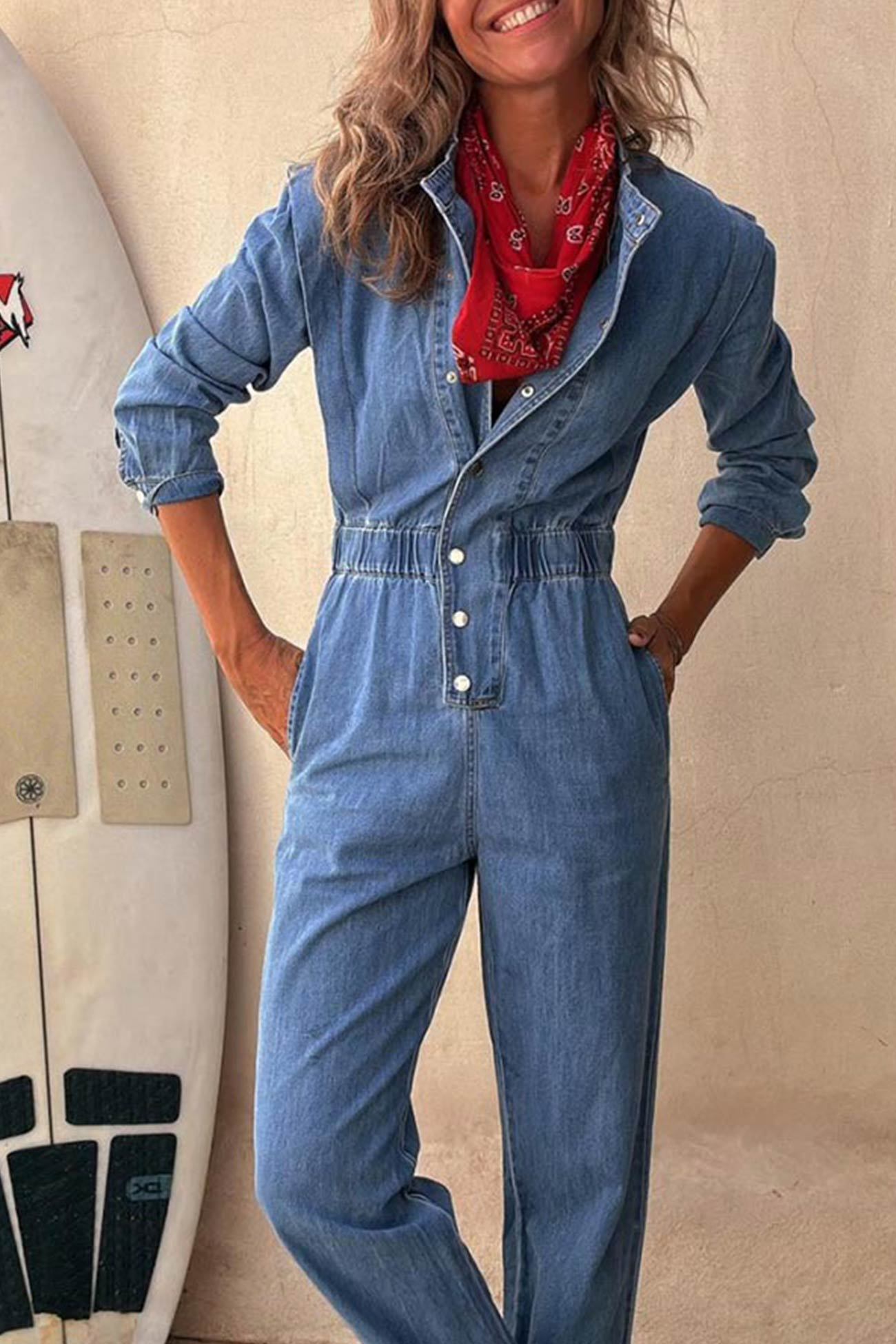 Lapel Button-down Elastic Waist Denim Jumpsuits