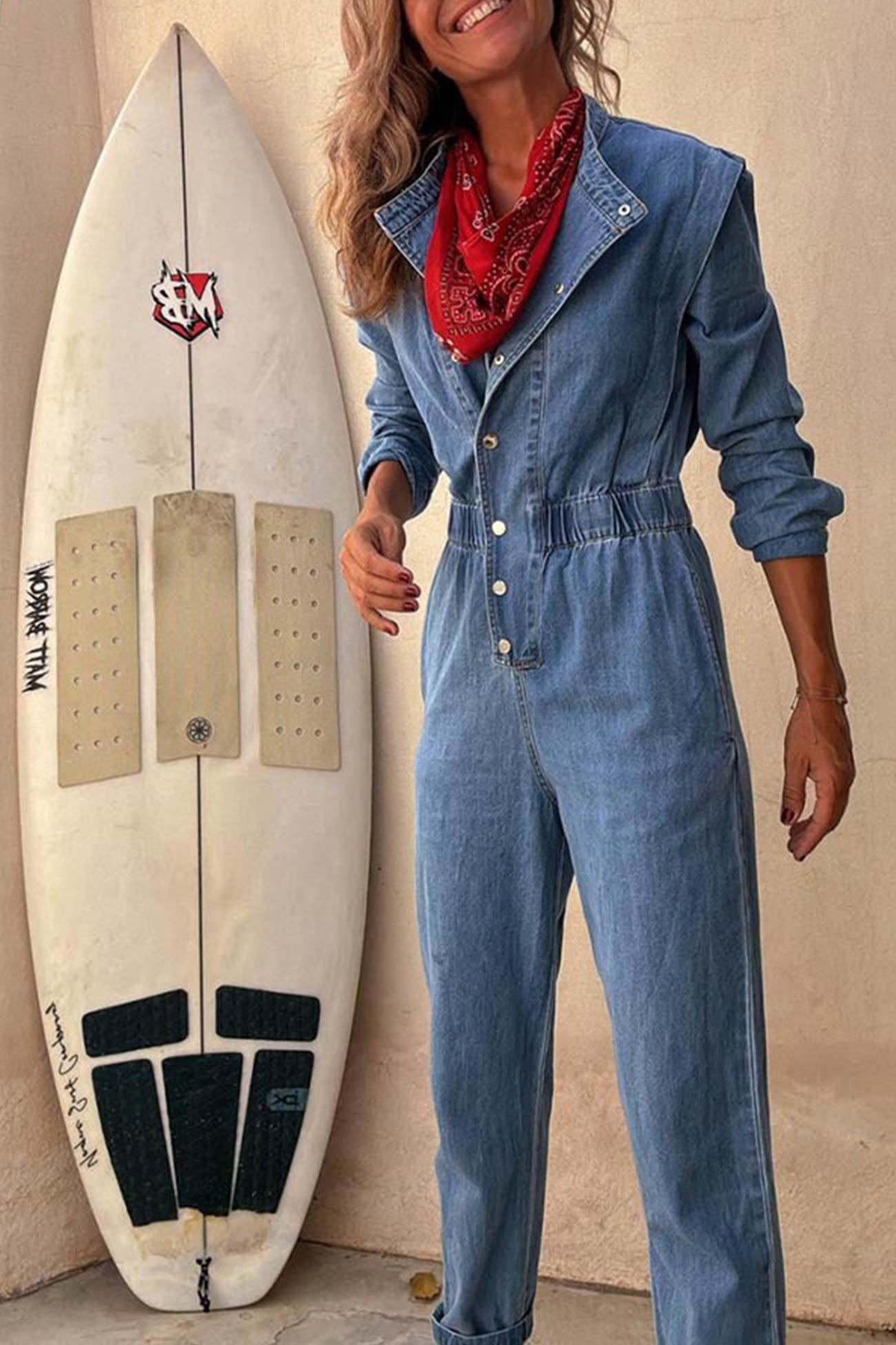 Lapel Button-down Elastic Waist Denim Jumpsuits