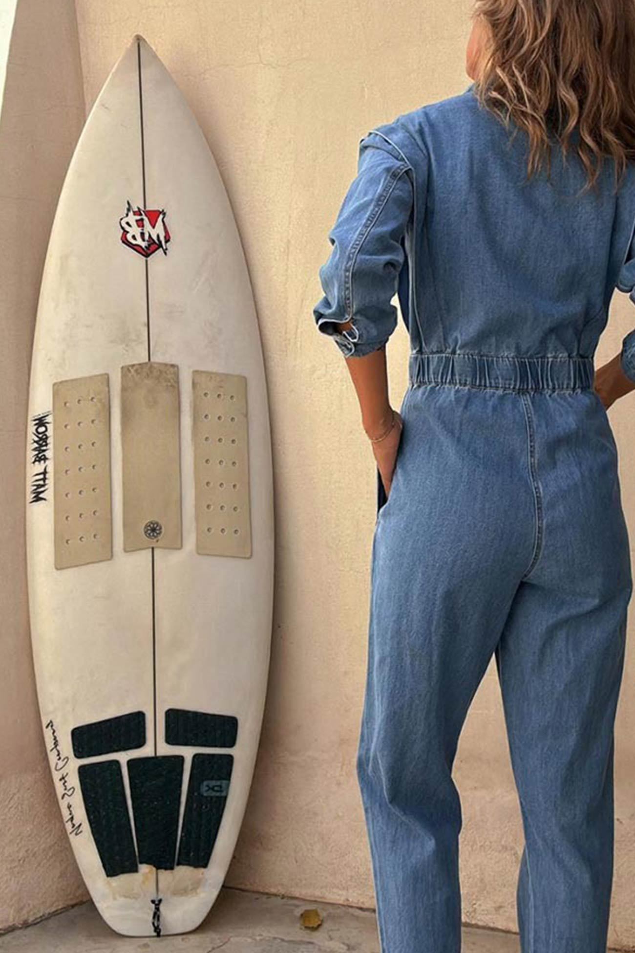 Lapel Button-down Elastic Waist Denim Jumpsuits
