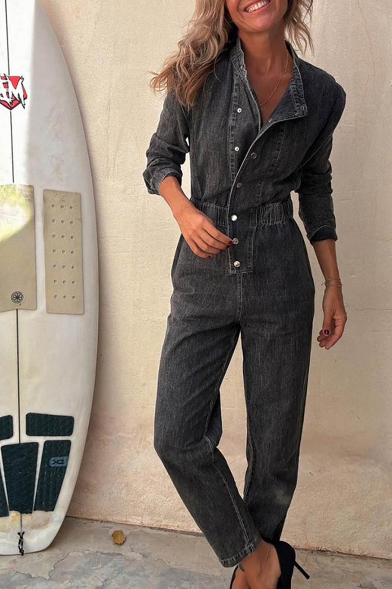 Lapel Button-down Elastic Waist Denim Jumpsuits