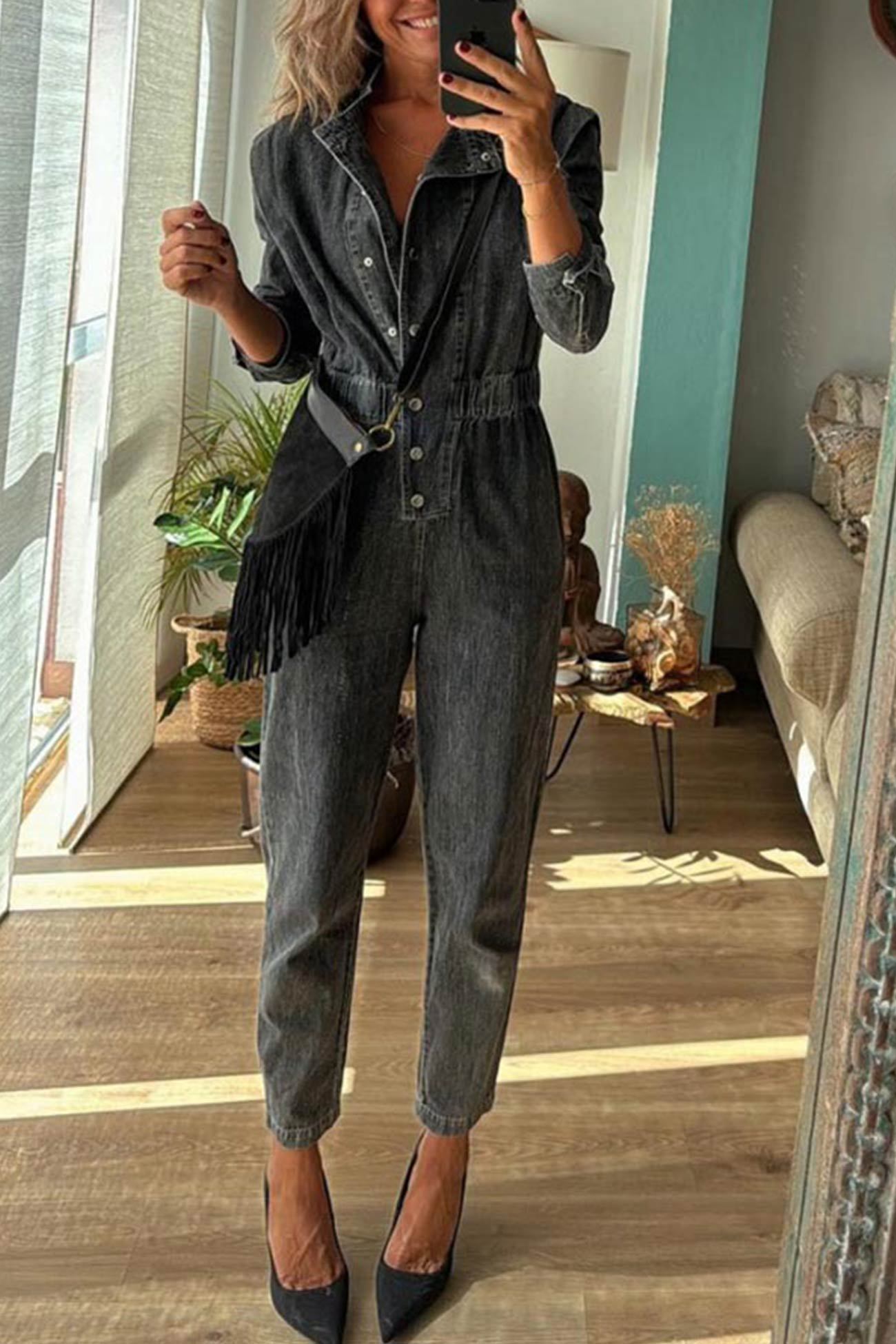Lapel Button-down Elastic Waist Denim Jumpsuits