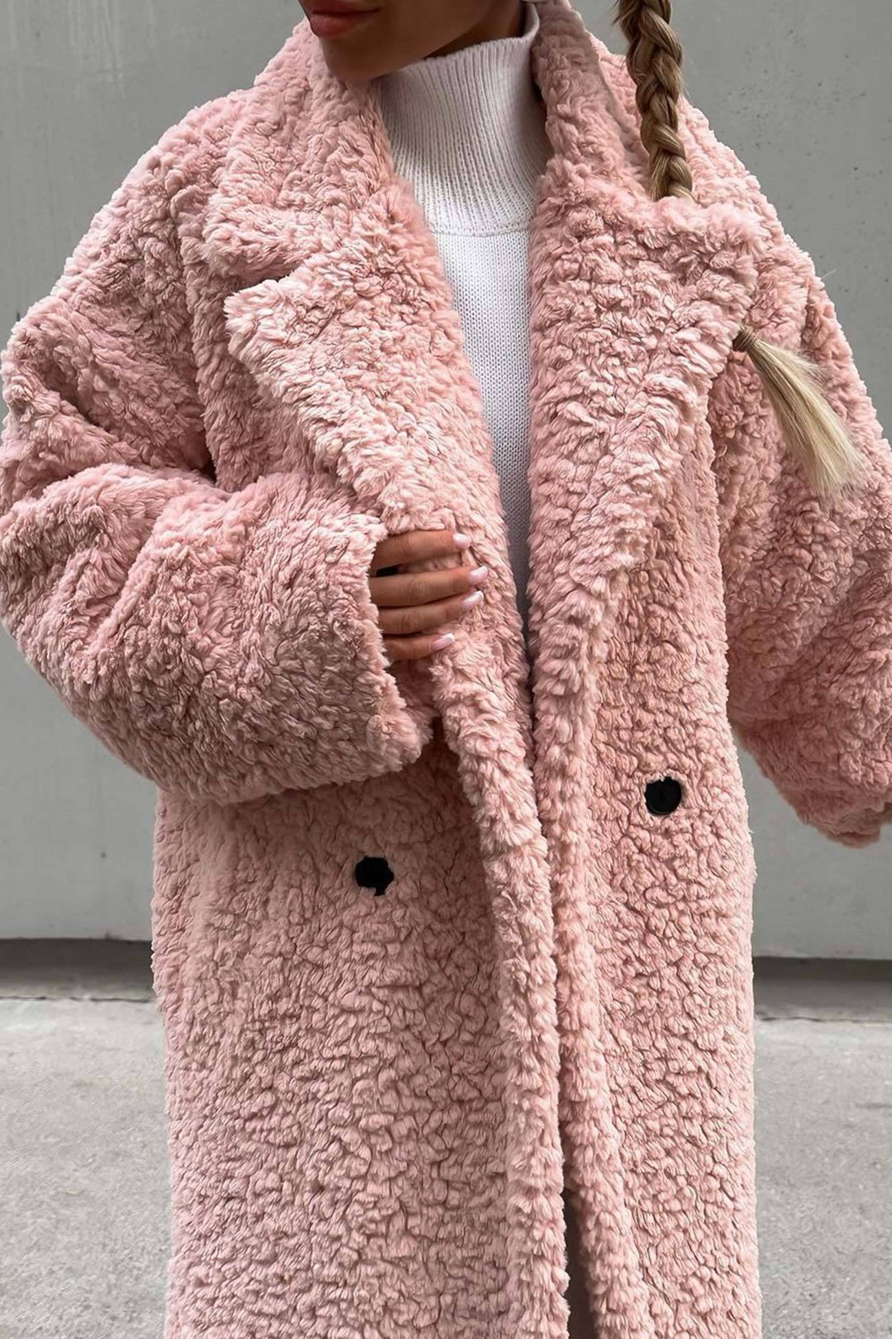Lapel Button-down Plush Long Coat