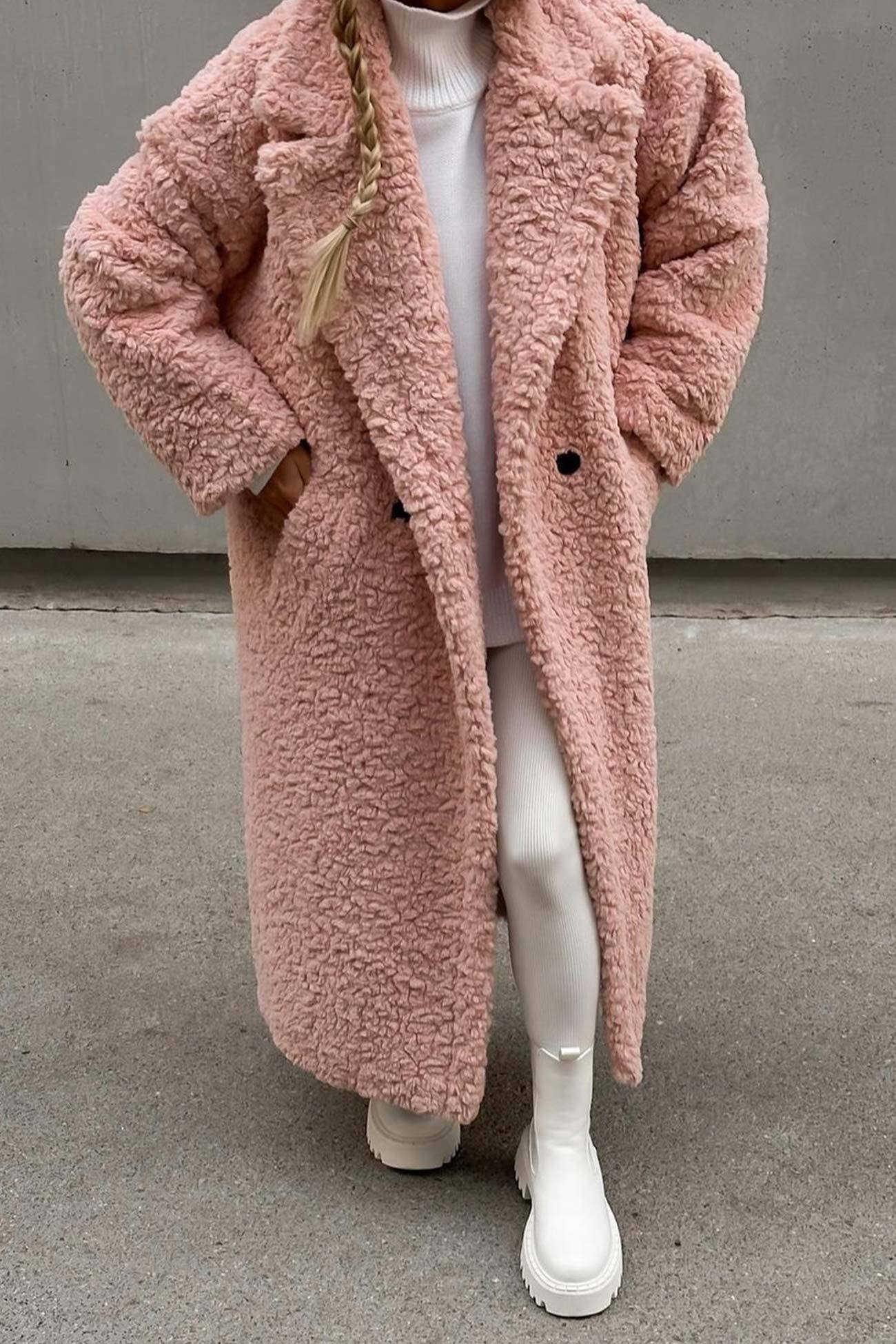 Lapel Button-down Plush Long Coat