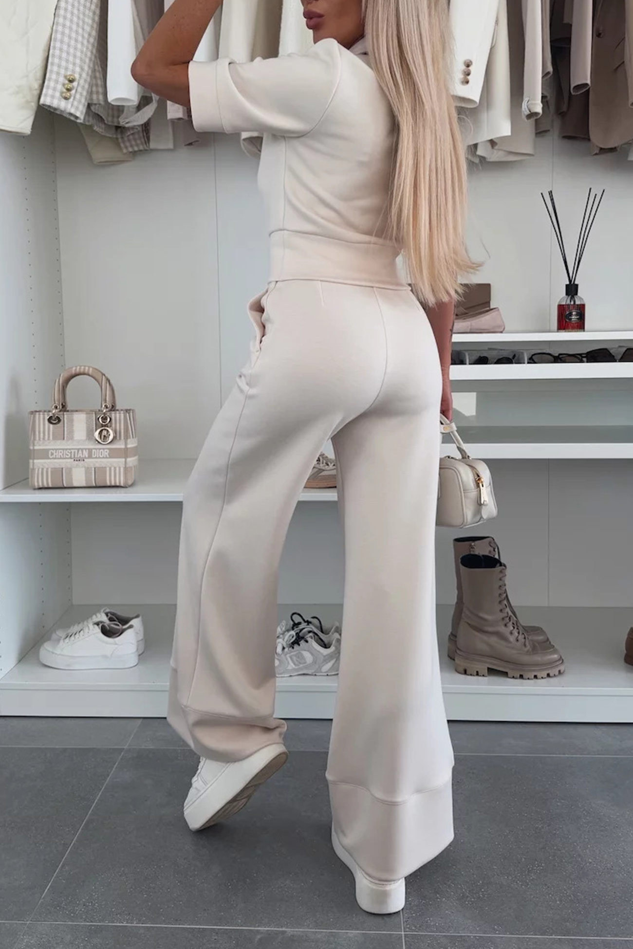Lapel Half Sleeve Knit Tops Pants Set
