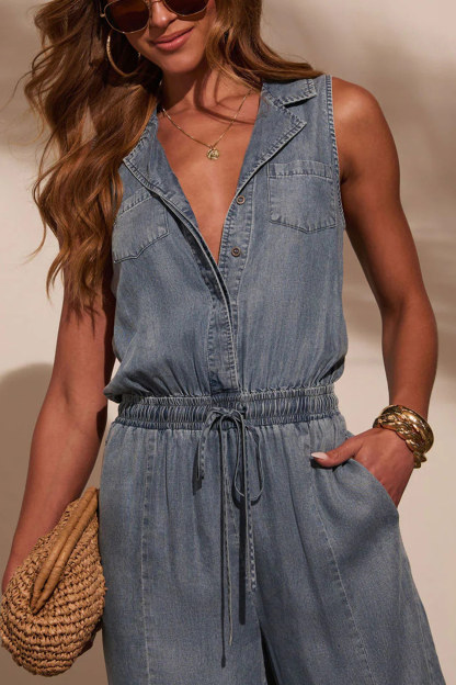 Lapel High Rise Sleeveless Denim Jumpsuits