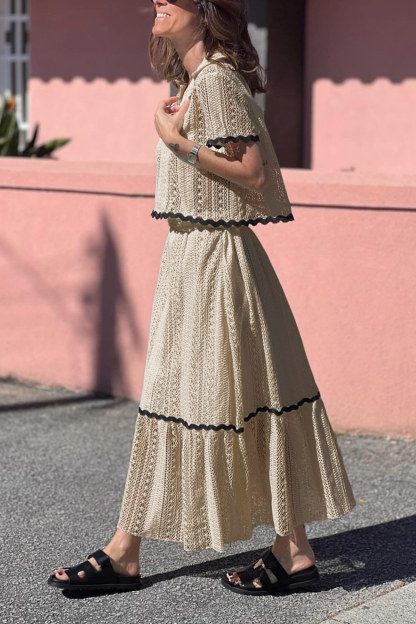 Lapel Lacework Hollow Out Shirt Skirt Set