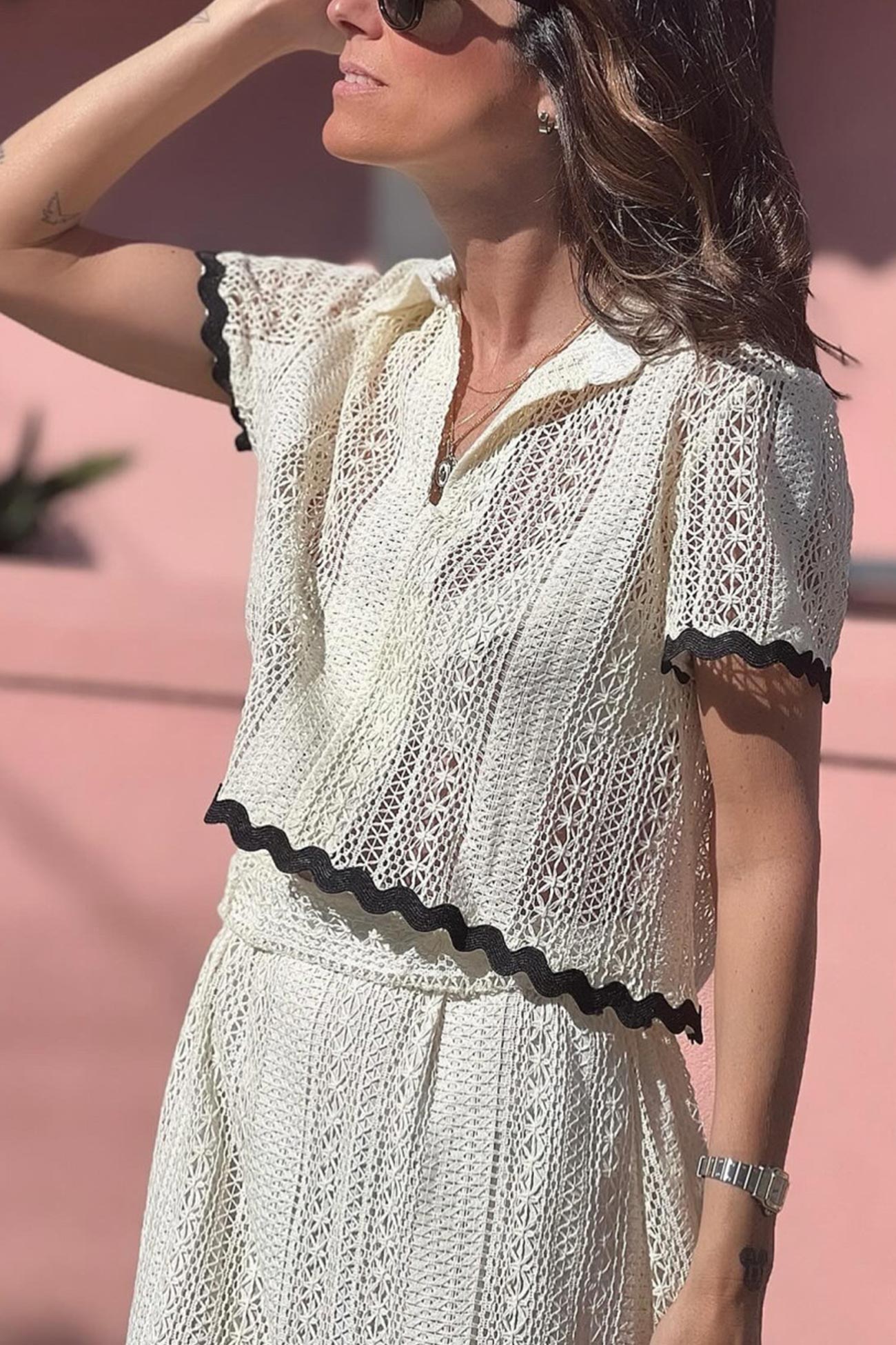 Lapel Lacework Hollow Out Shirt Skirt Set