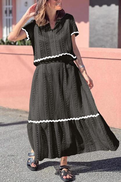 Lapel Lacework Hollow Out Shirt Skirt Set