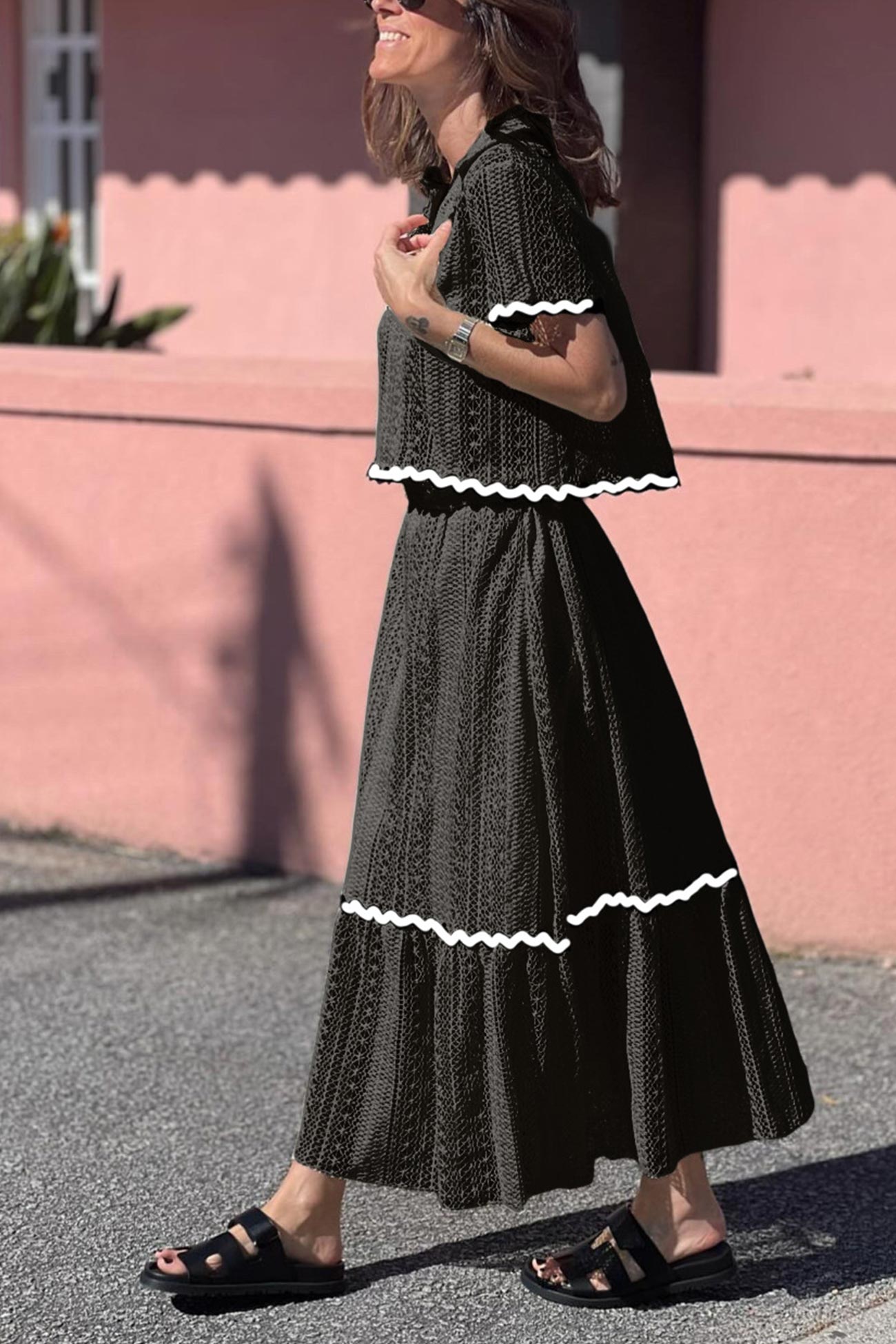 Lapel Lacework Hollow Out Shirt Skirt Set