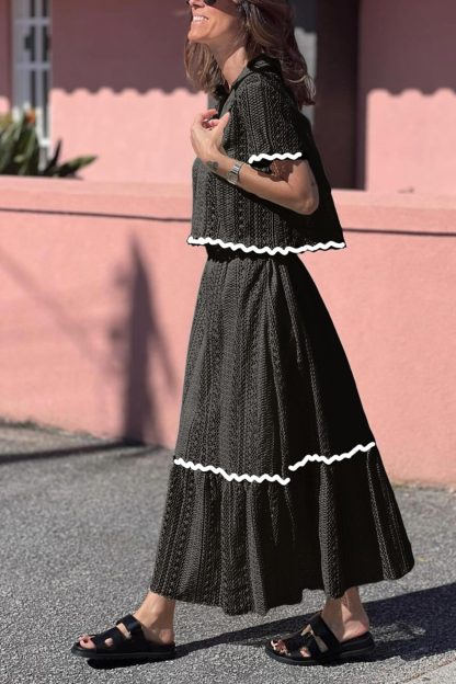 Lapel Lacework Hollow Out Shirt Skirt Set