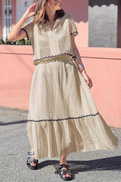 Lapel Lacework Hollow Out Shirt Skirt Set