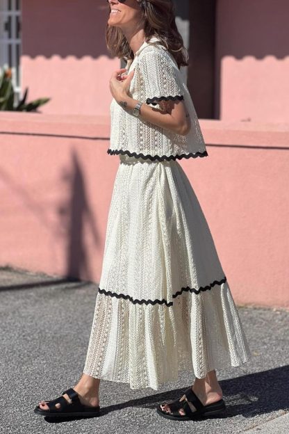 Lapel Lacework Hollow Out Shirt Skirt Set