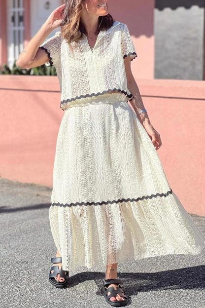 Lapel Lacework Hollow Out Shirt Skirt Set