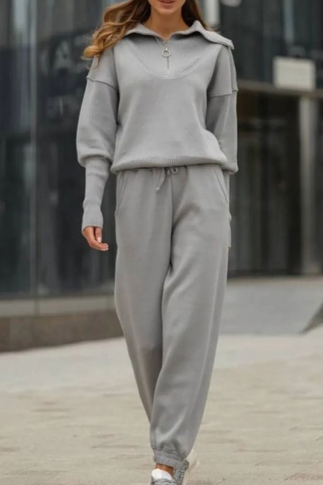 Lapel Zip-up Sweatshirt Set