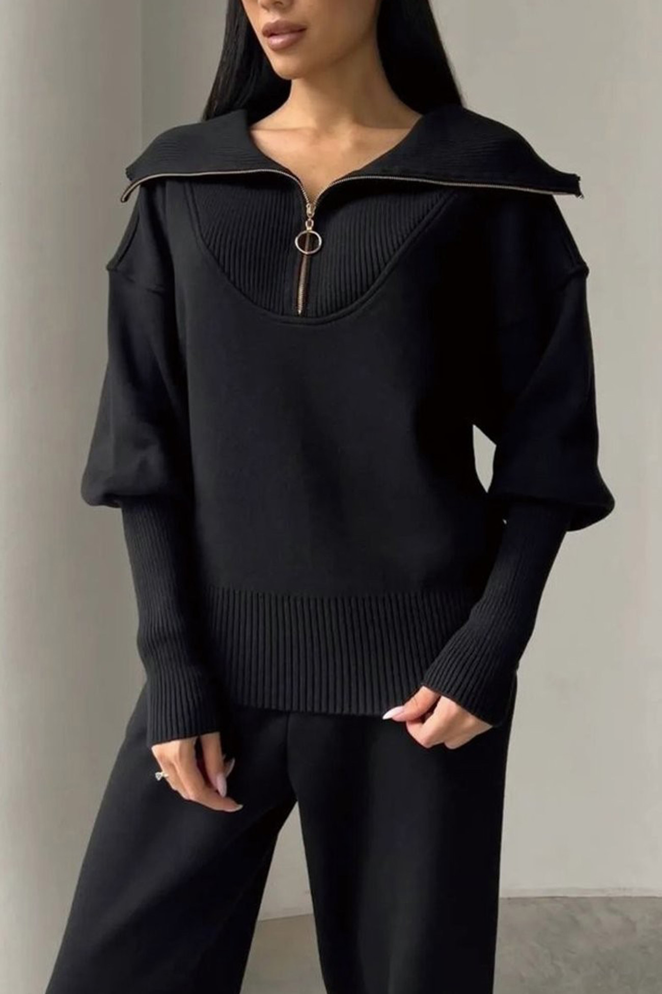 Lapel Zip-up Sweatshirt Set
