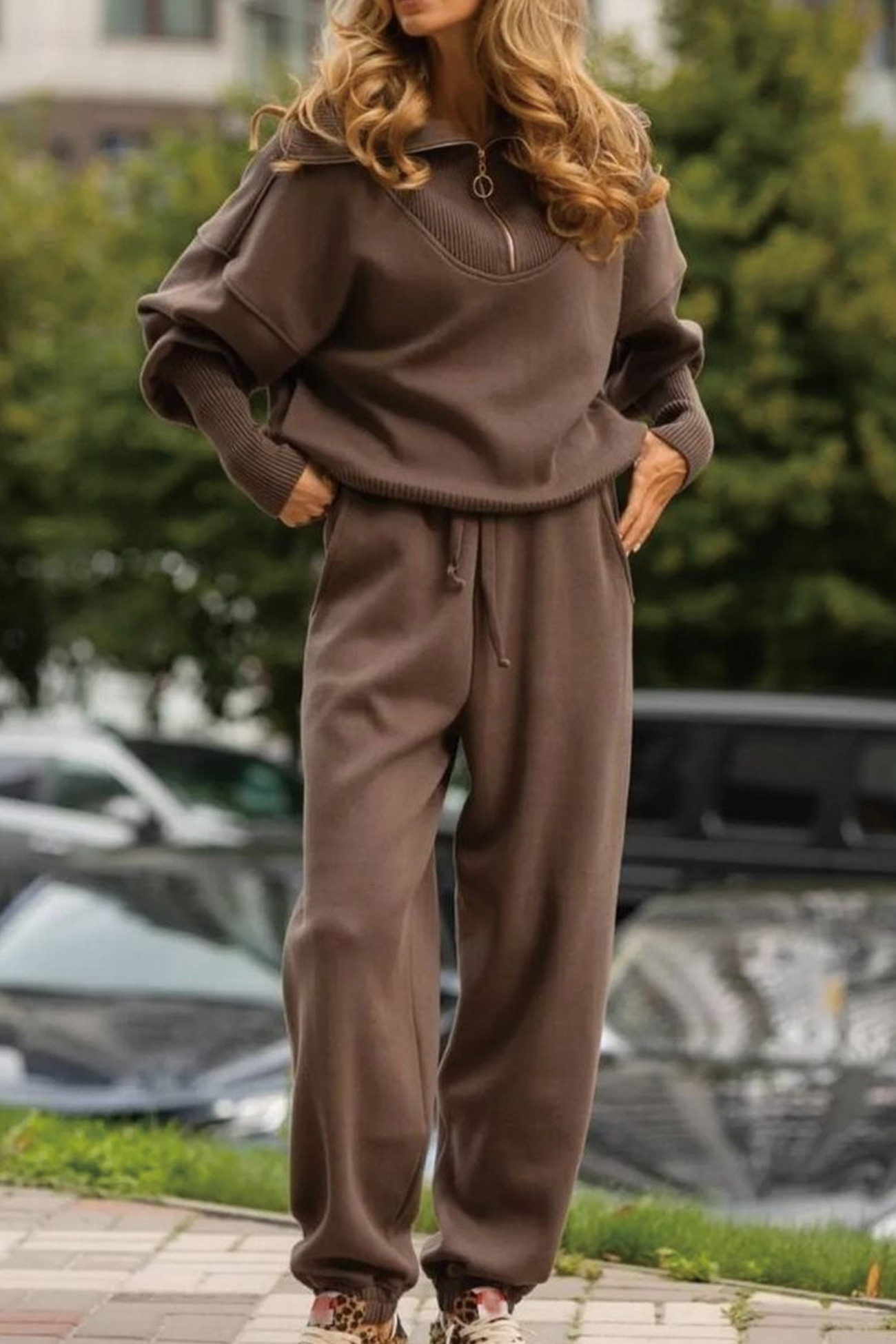 Lapel Zip-up Sweatshirt Set