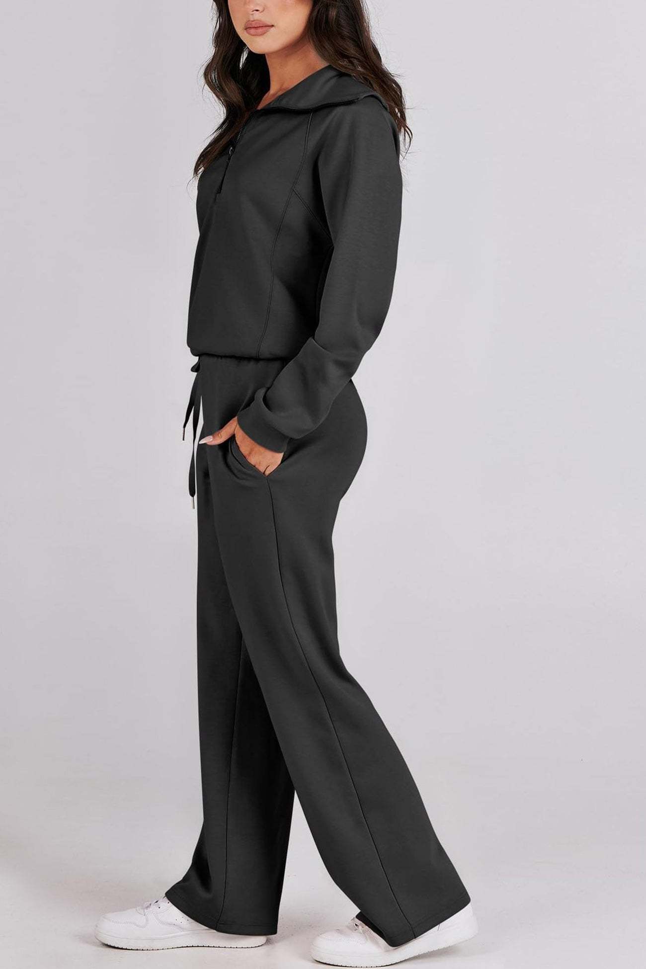 Lapel Zip-up Sweatshirt Wide Leg Sweatpants Set