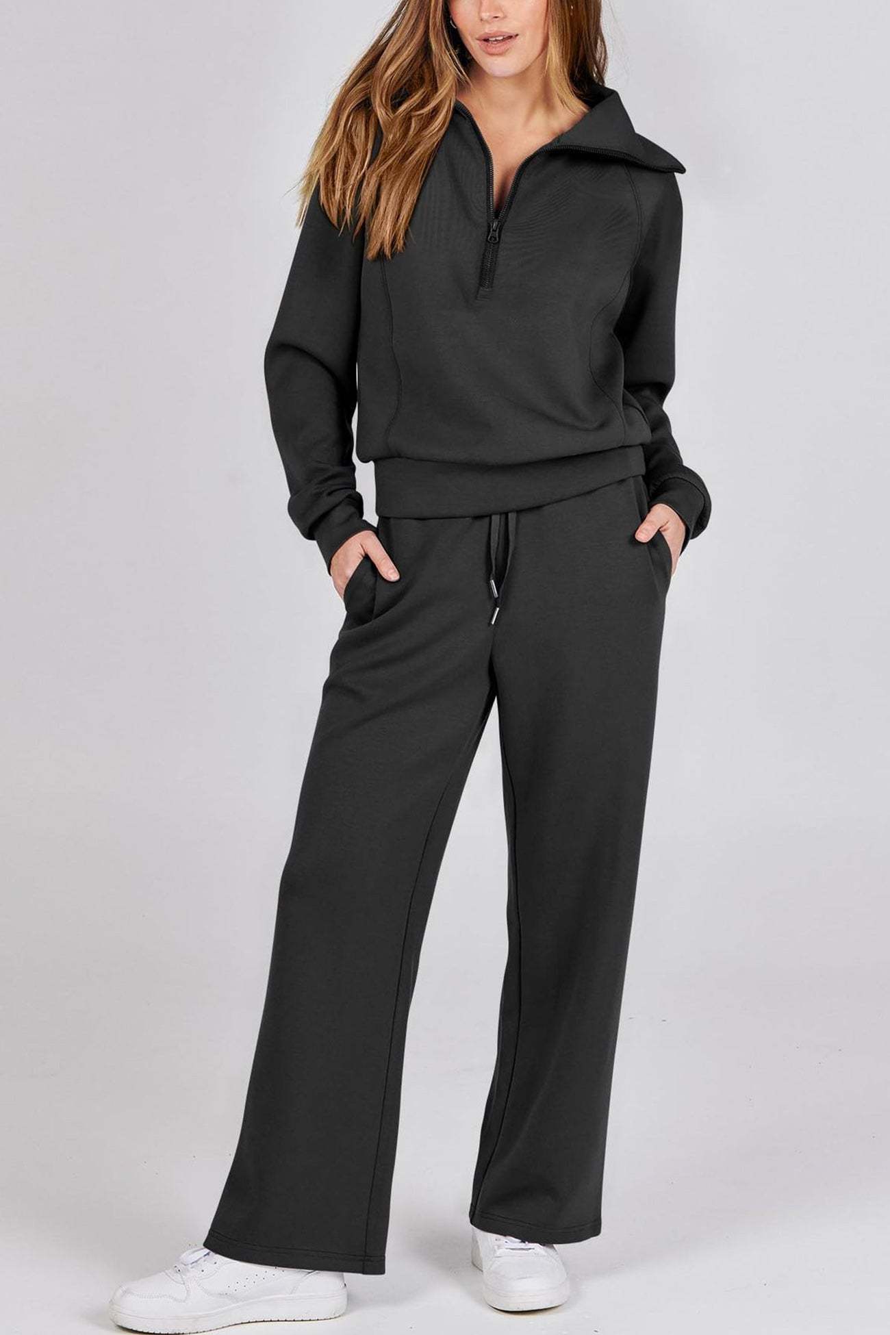Lapel Zip-up Sweatshirt Wide Leg Sweatpants Set