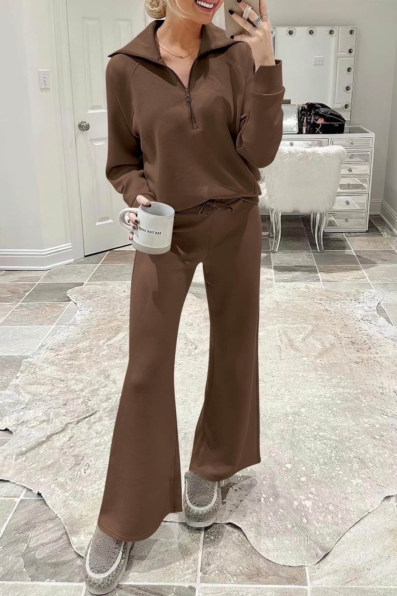 Lapel Zip-up Sweatshirt Wide Leg Sweatpants Set