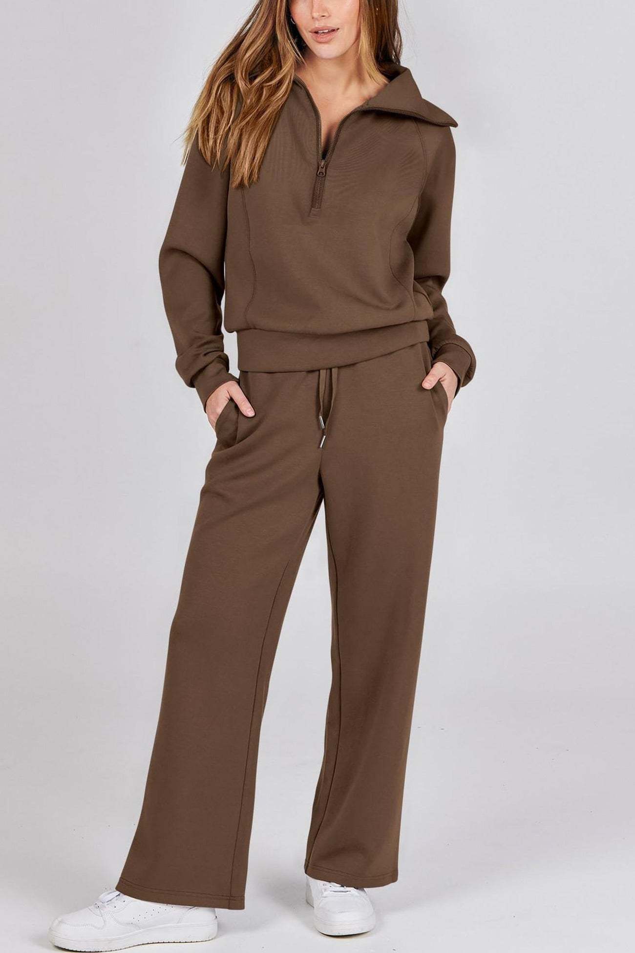 Lapel Zip-up Sweatshirt Wide Leg Sweatpants Set