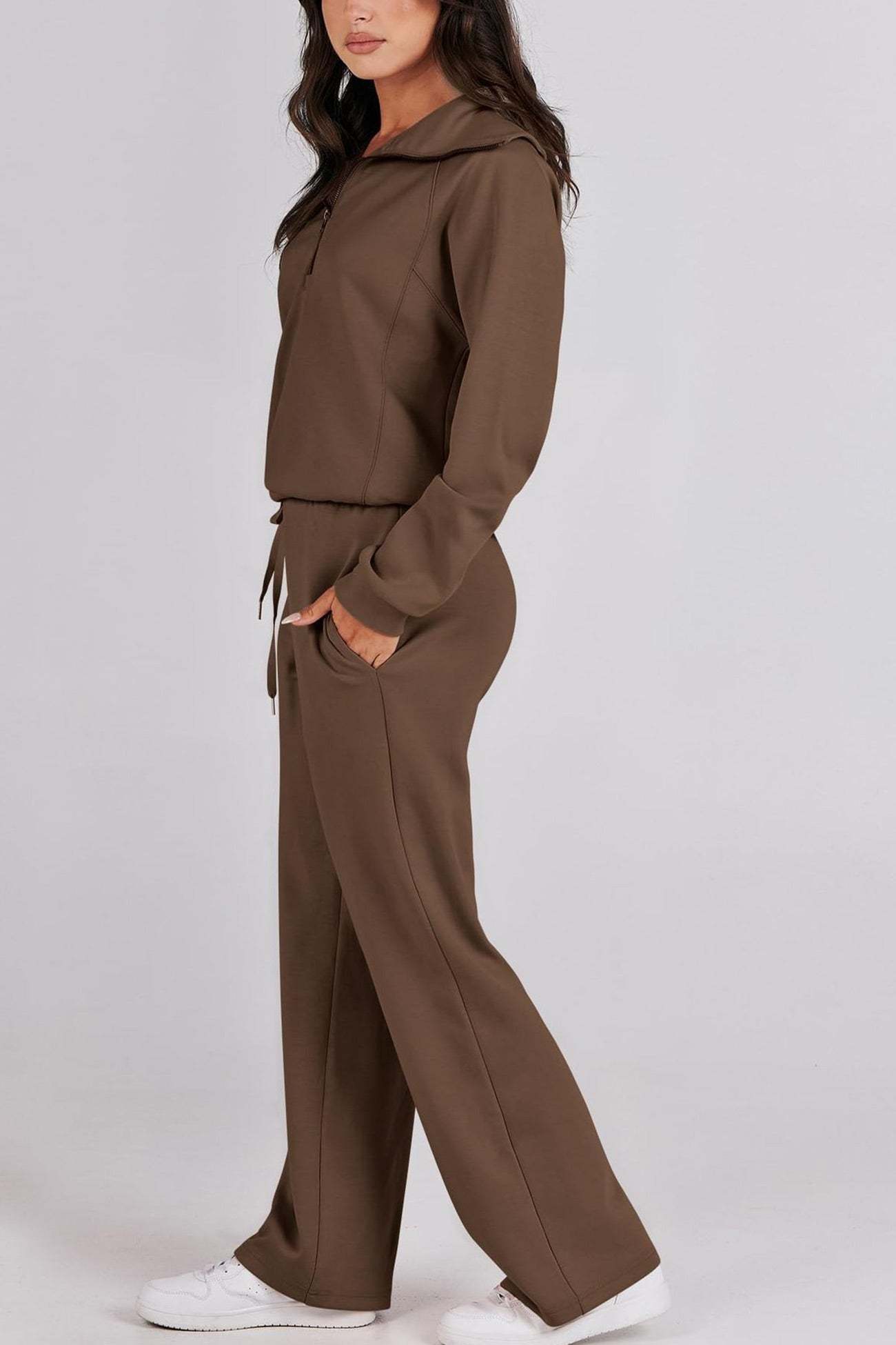 Lapel Zip-up Sweatshirt Wide Leg Sweatpants Set