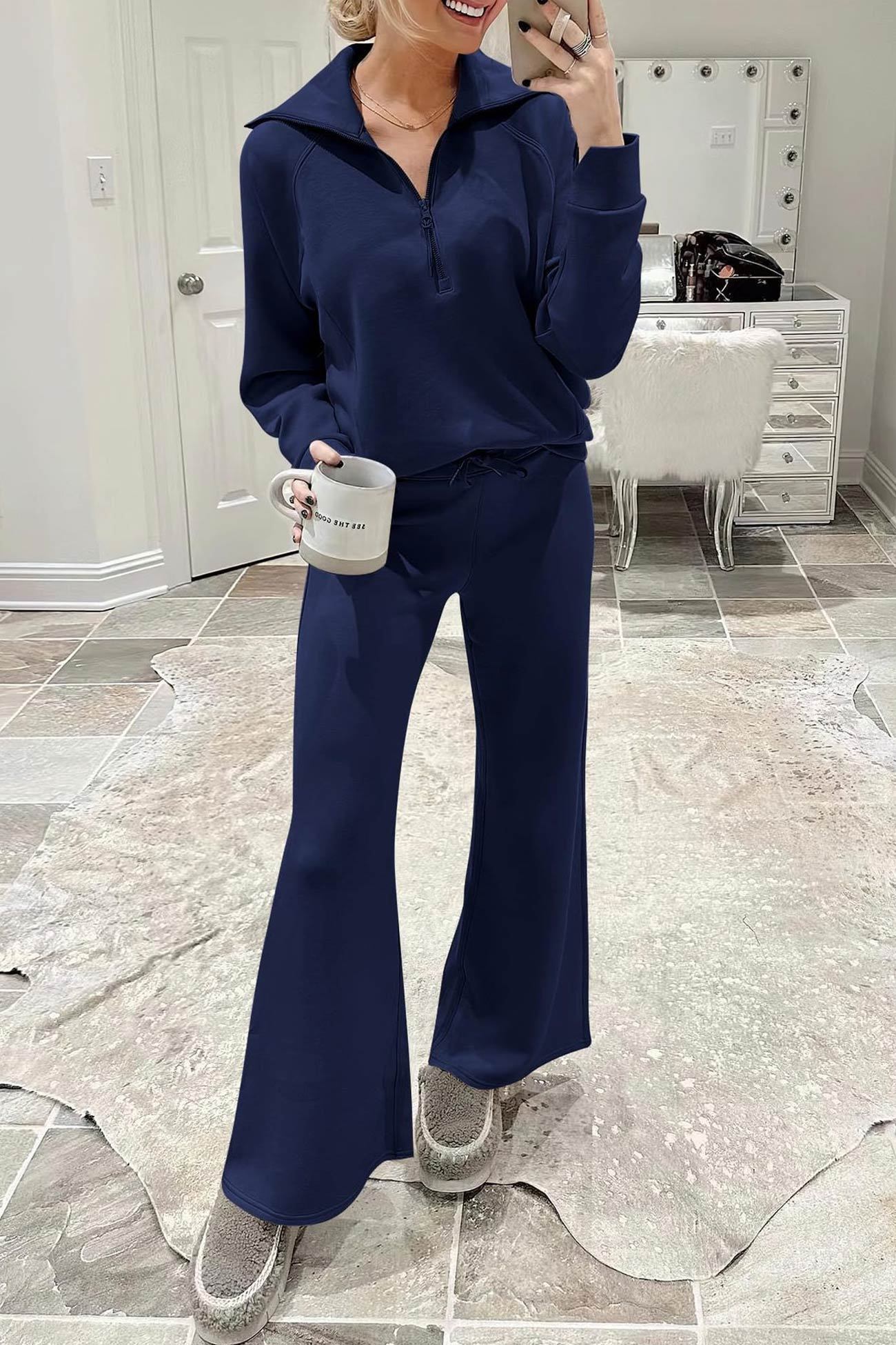 Lapel Zip-up Sweatshirt Wide Leg Sweatpants Set