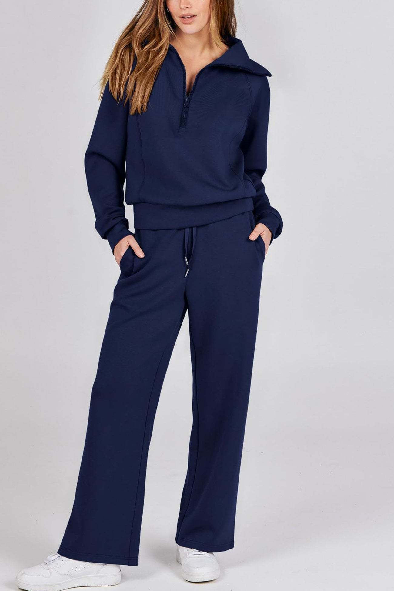 Lapel Zip-up Sweatshirt Wide Leg Sweatpants Set