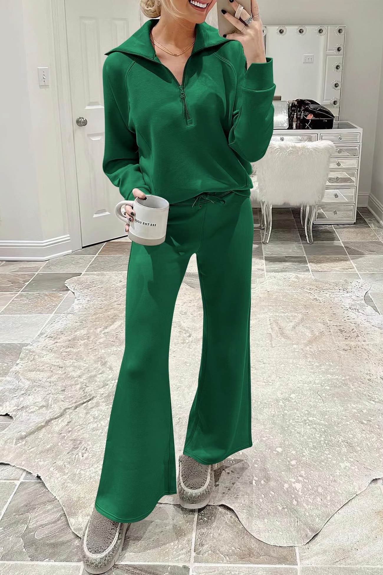 Lapel Zip-up Sweatshirt Wide Leg Sweatpants Set