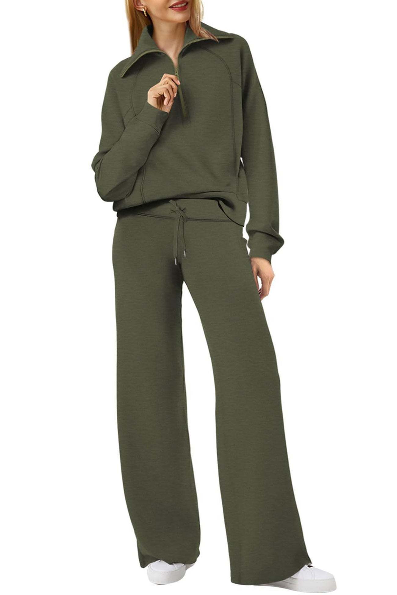 Lapel Zip-up Sweatshirt Wide Leg Sweatpants Set