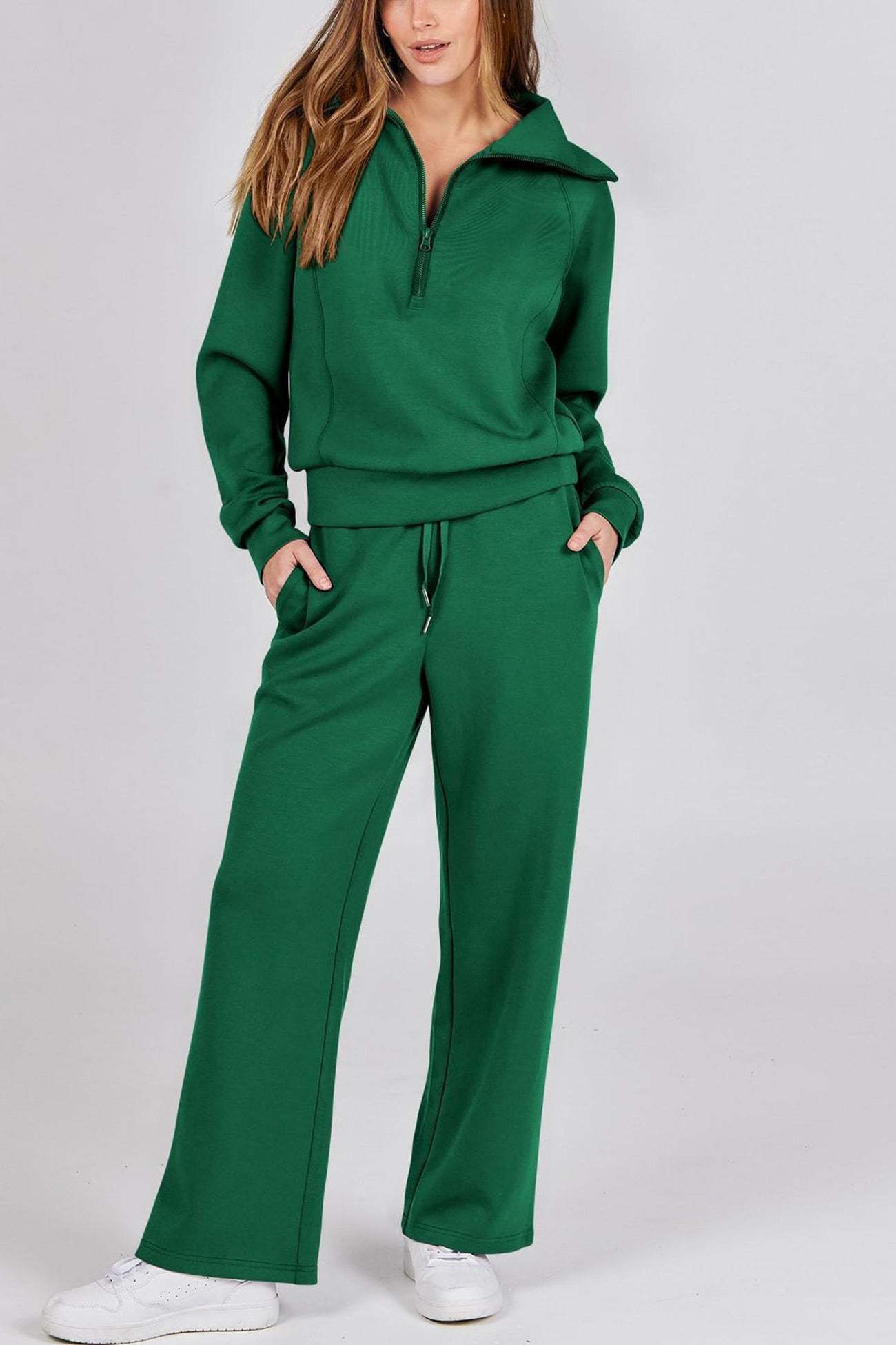 Lapel Zip-up Sweatshirt Wide Leg Sweatpants Set