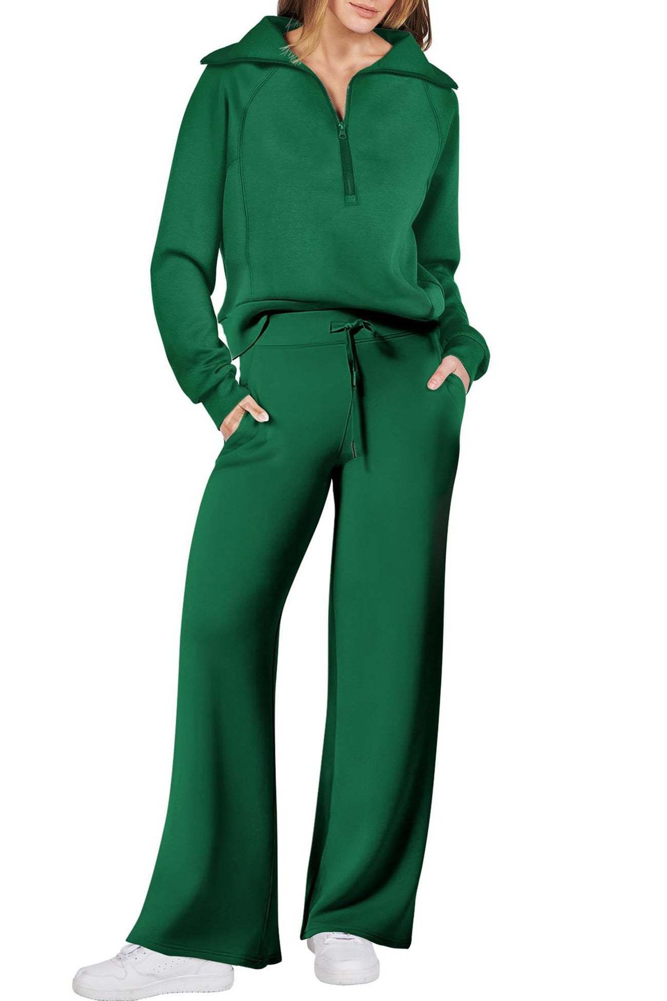 Lapel Zip-up Sweatshirt Wide Leg Sweatpants Set