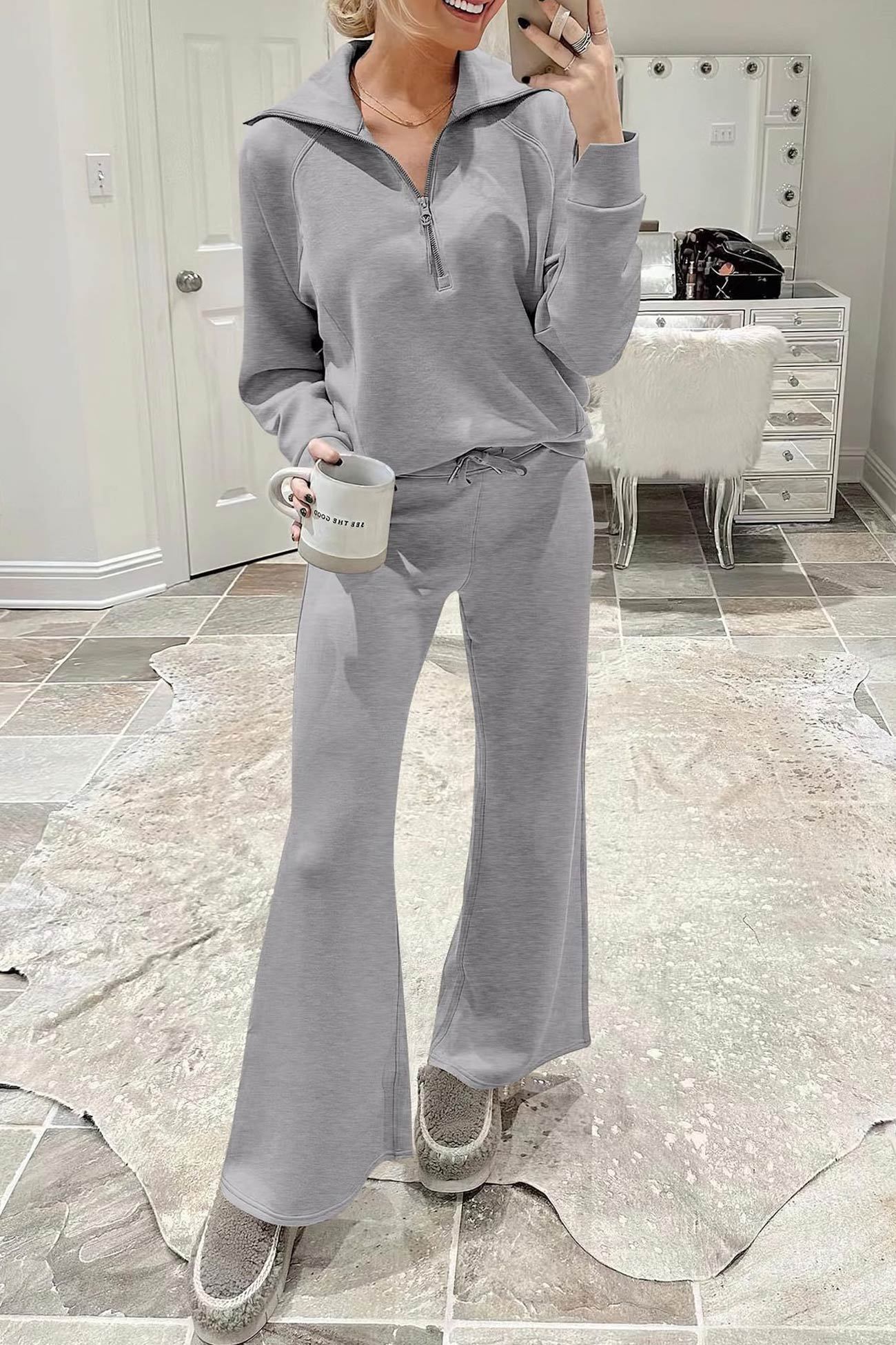 Lapel Zip-up Sweatshirt Wide Leg Sweatpants Set