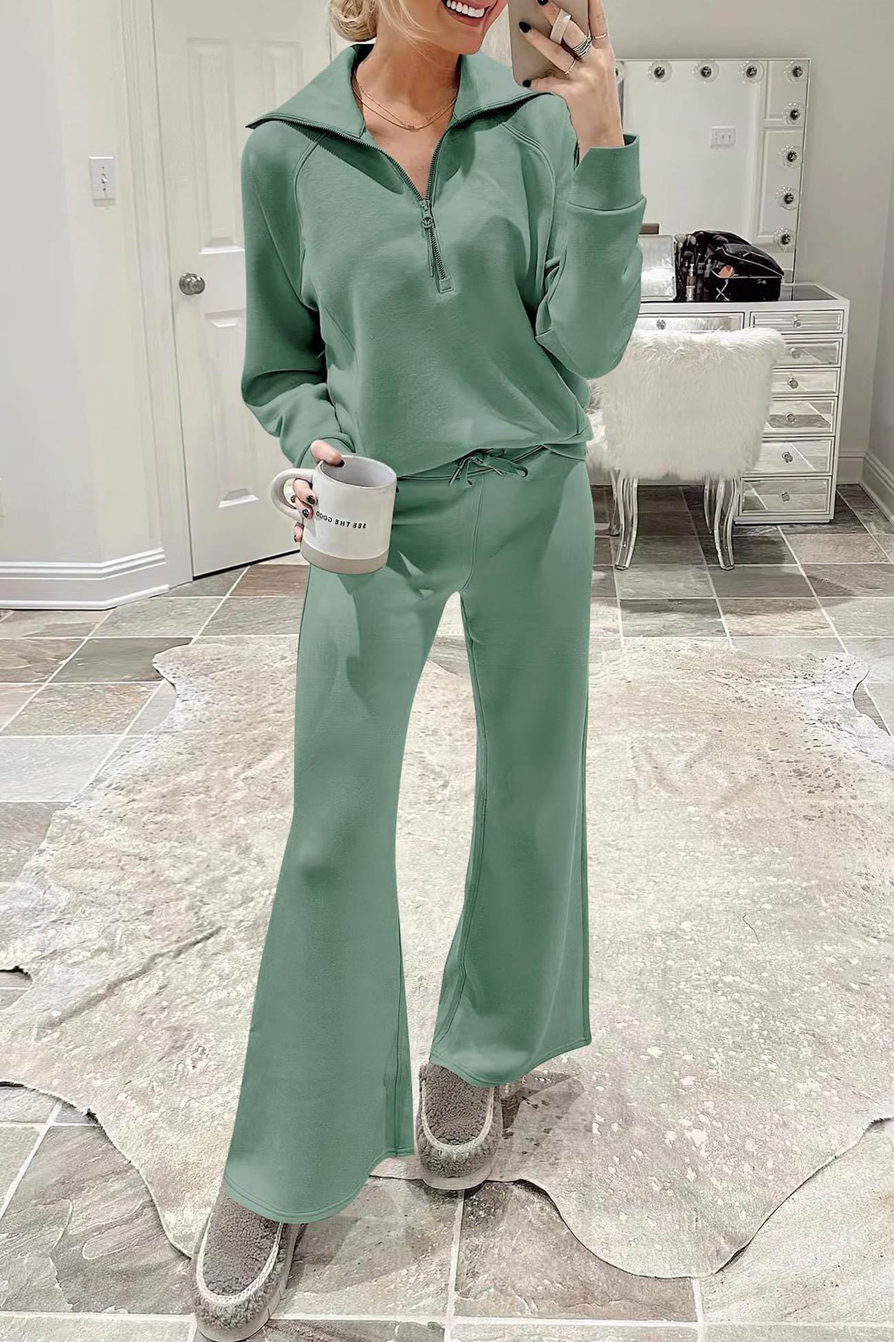 Lapel Zip-up Sweatshirt Wide Leg Sweatpants Set