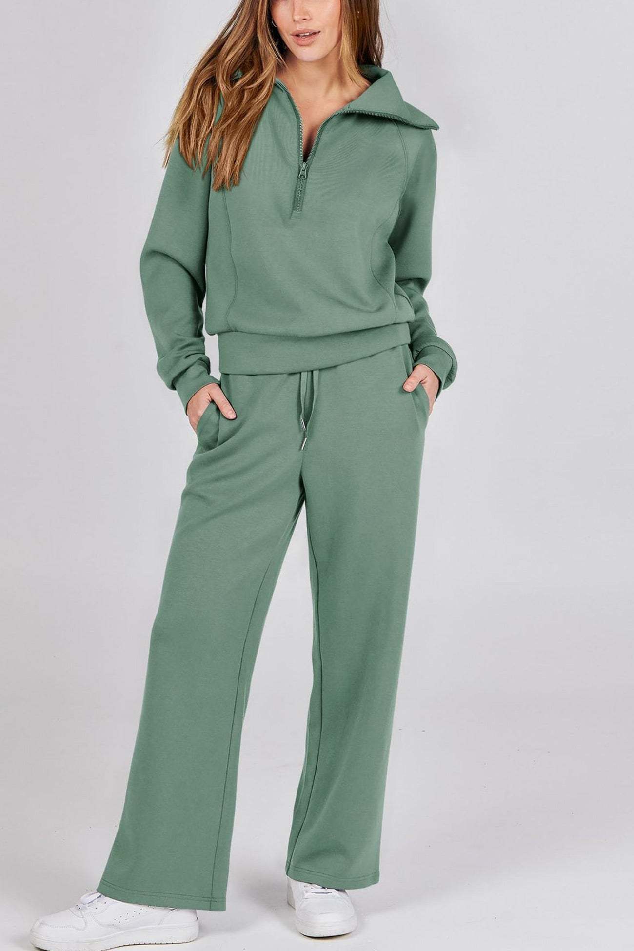 Lapel Zip-up Sweatshirt Wide Leg Sweatpants Set
