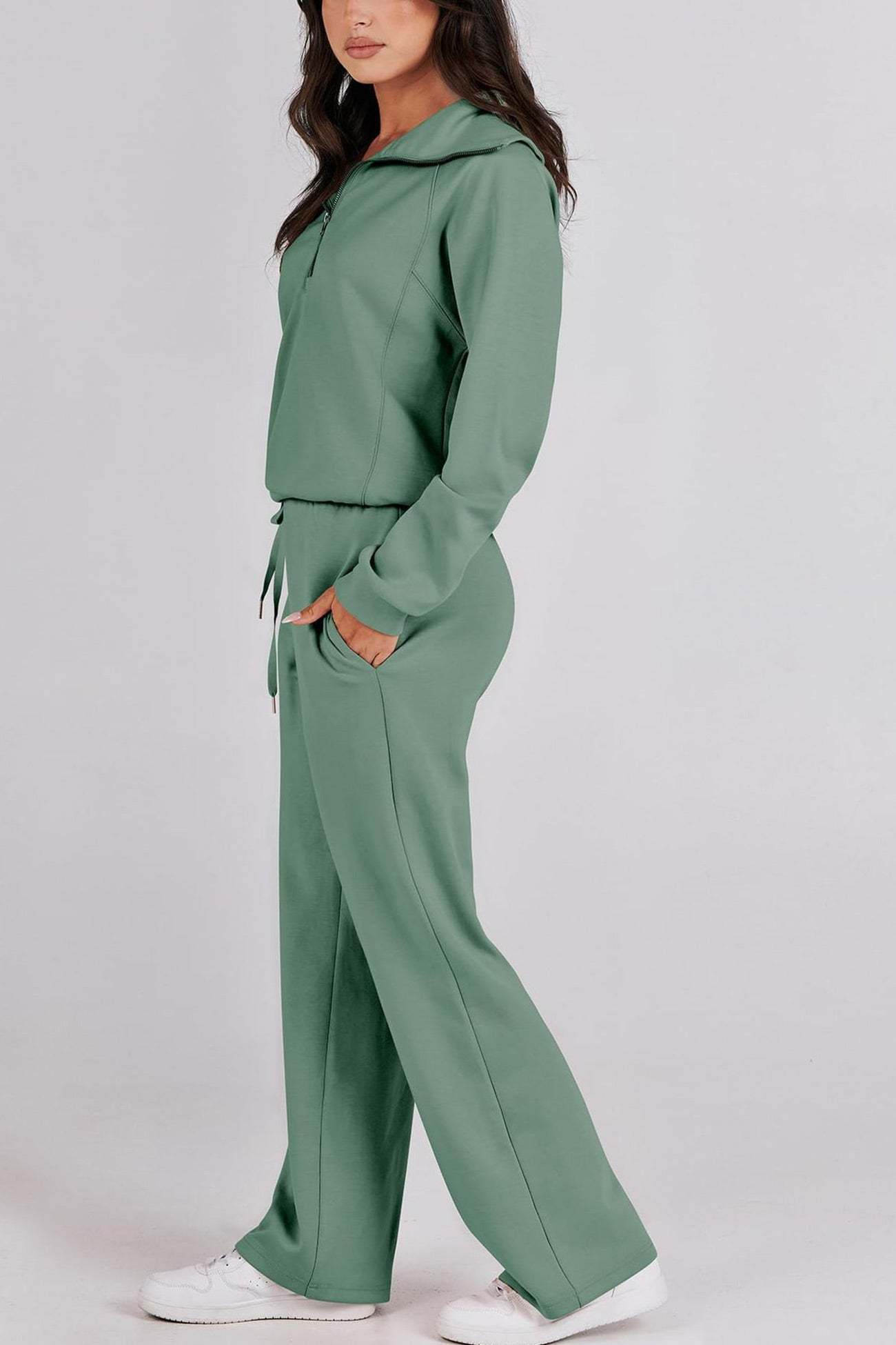 Lapel Zip-up Sweatshirt Wide Leg Sweatpants Set