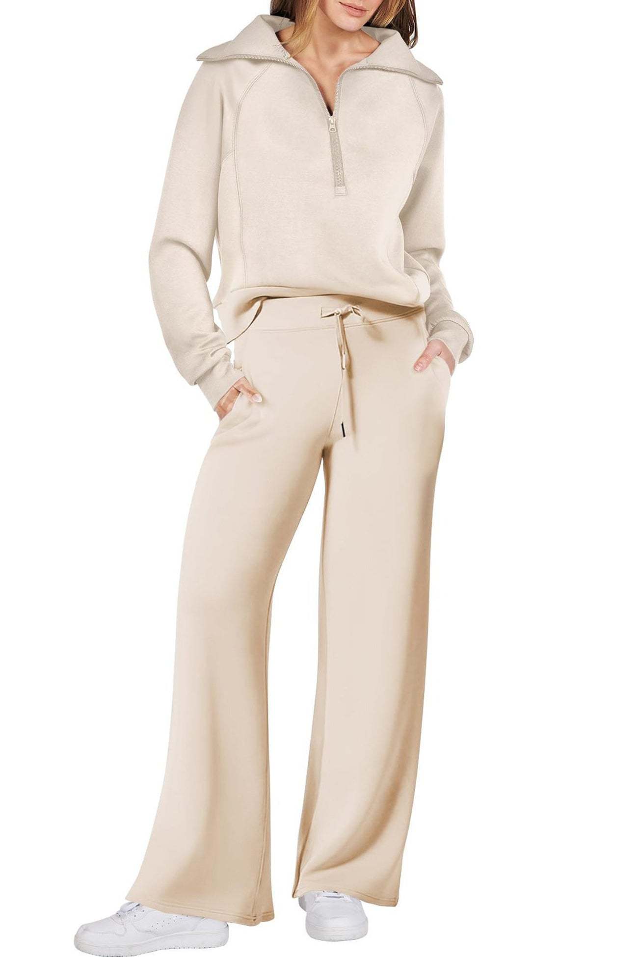 Lapel Zip-up Sweatshirt Wide Leg Sweatpants Set
