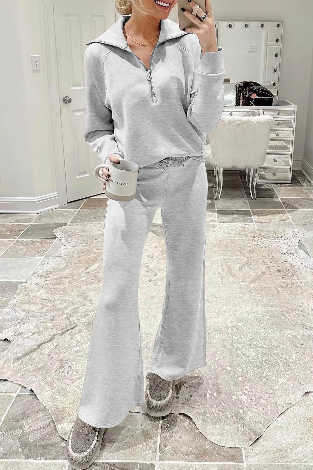 Lapel Zip-up Sweatshirt Wide Leg Sweatpants Set