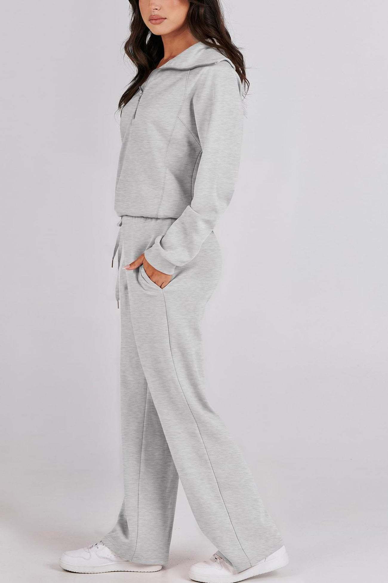 Lapel Zip-up Sweatshirt Wide Leg Sweatpants Set