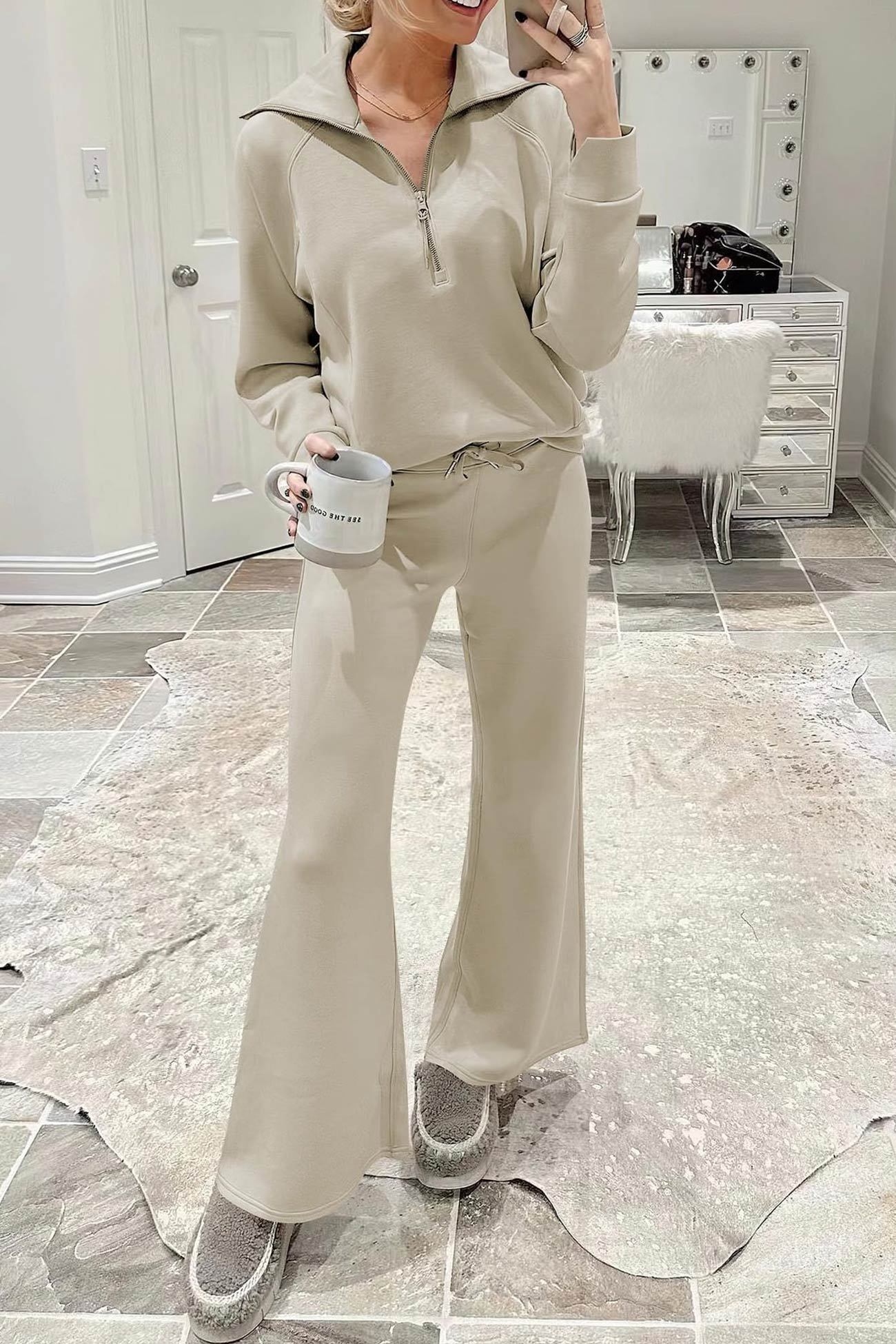 Lapel Zip-up Sweatshirt Wide Leg Sweatpants Set