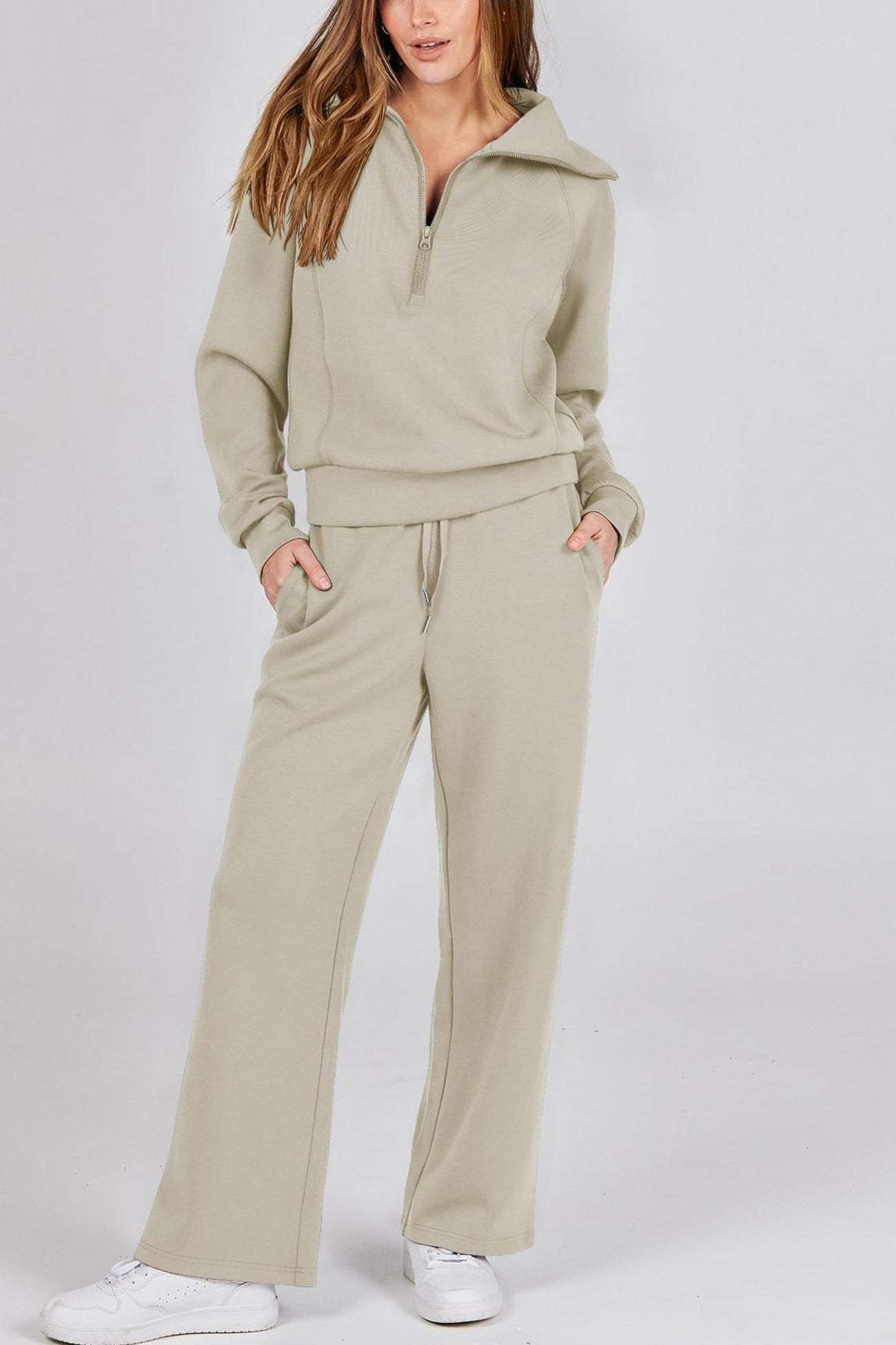 Lapel Zip-up Sweatshirt Wide Leg Sweatpants Set