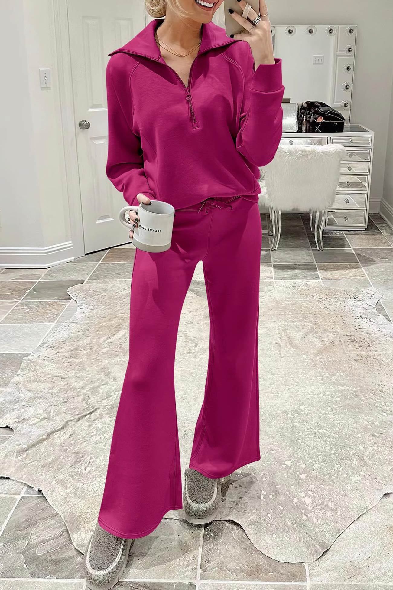 Lapel Zip-up Sweatshirt Wide Leg Sweatpants Set