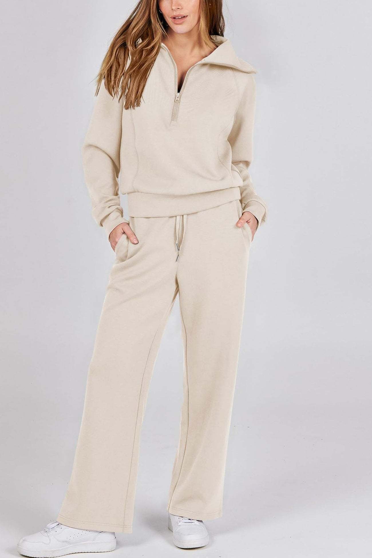 Lapel Zip-up Sweatshirt Wide Leg Sweatpants Set