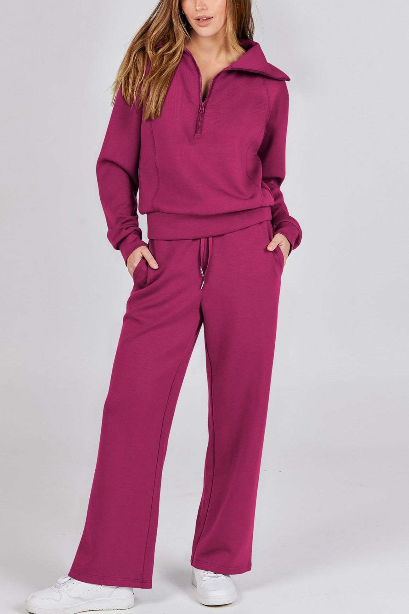 Lapel Zip-up Sweatshirt Wide Leg Sweatpants Set