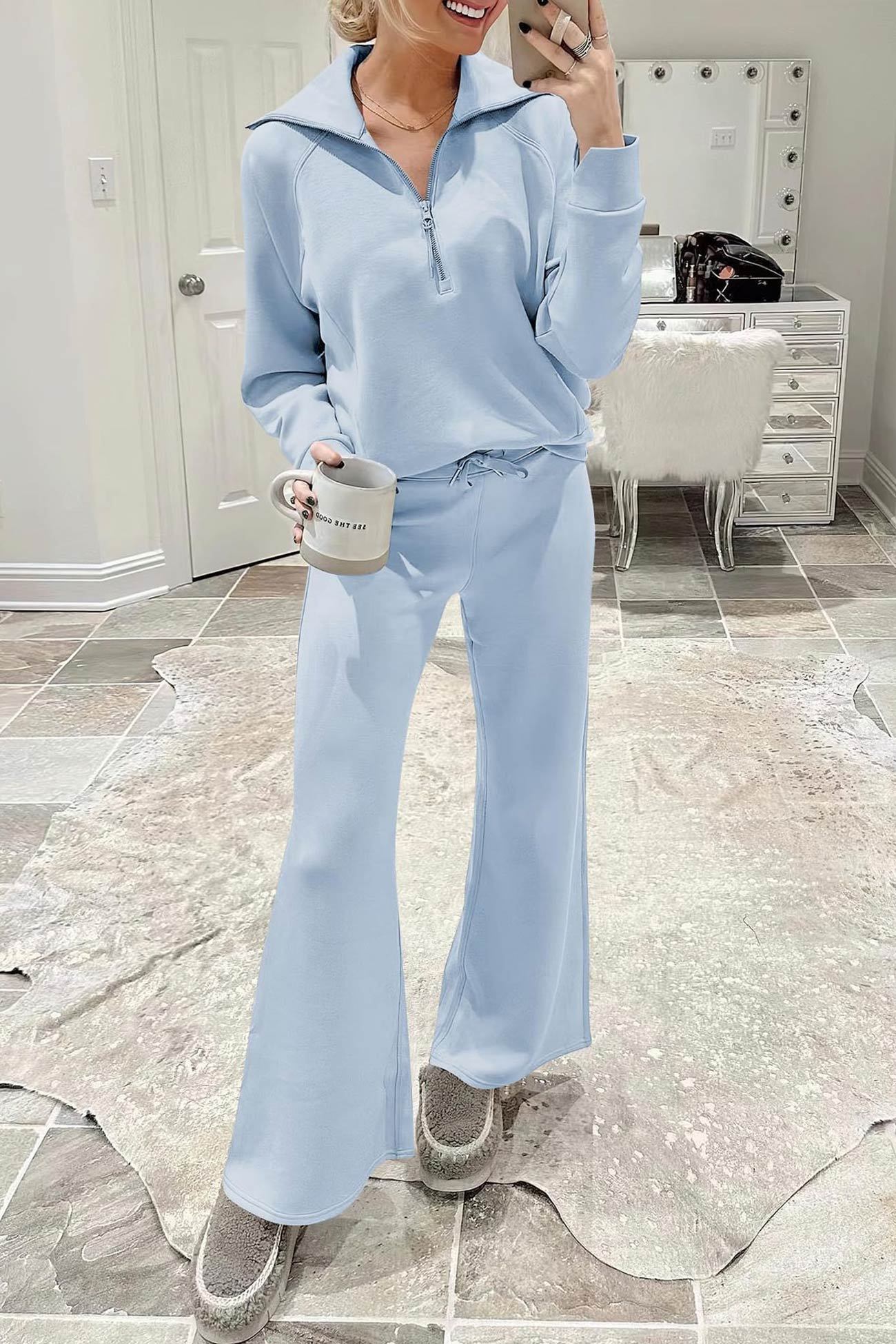 Lapel Zip-up Sweatshirt Wide Leg Sweatpants Set