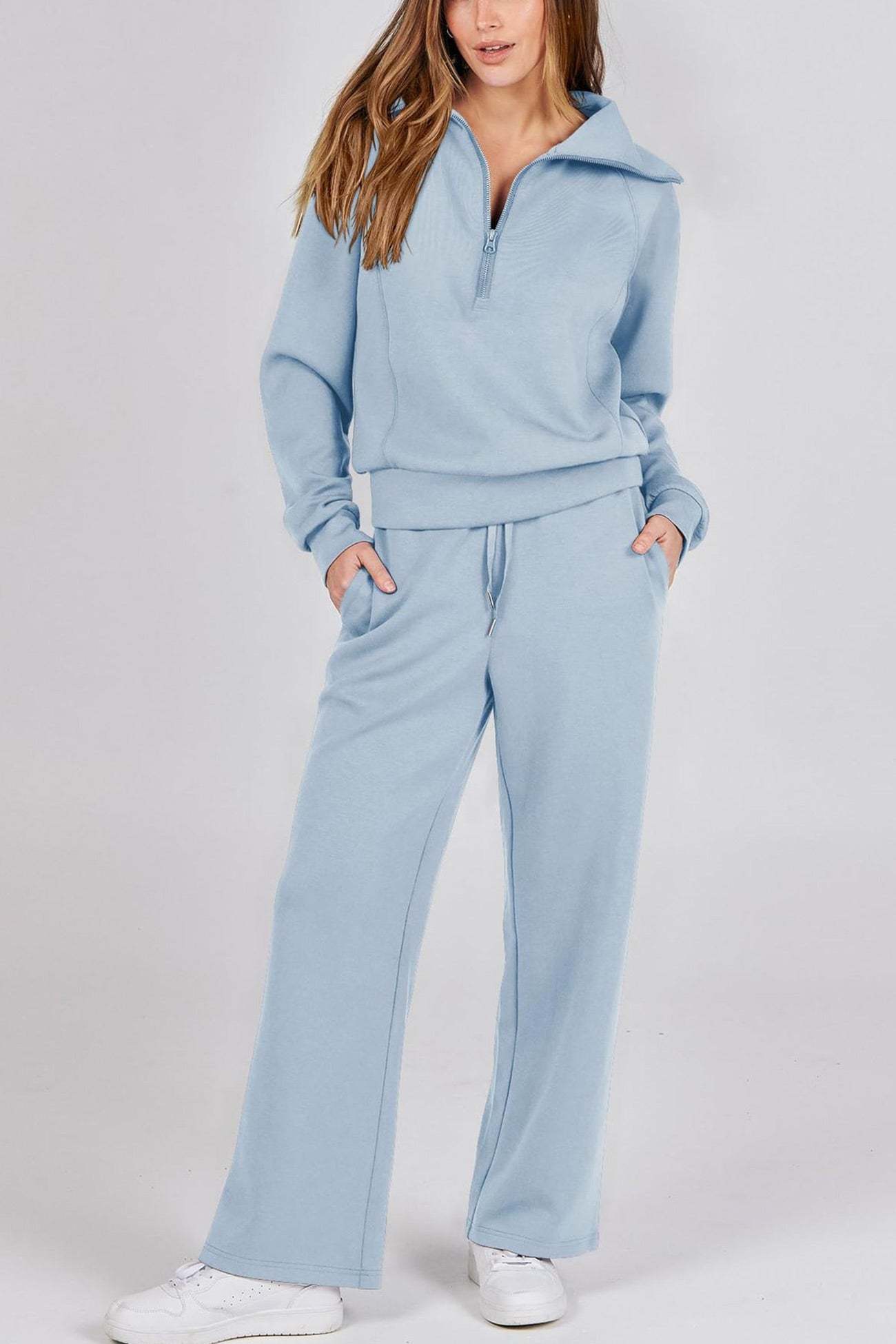 Lapel Zip-up Sweatshirt Wide Leg Sweatpants Set