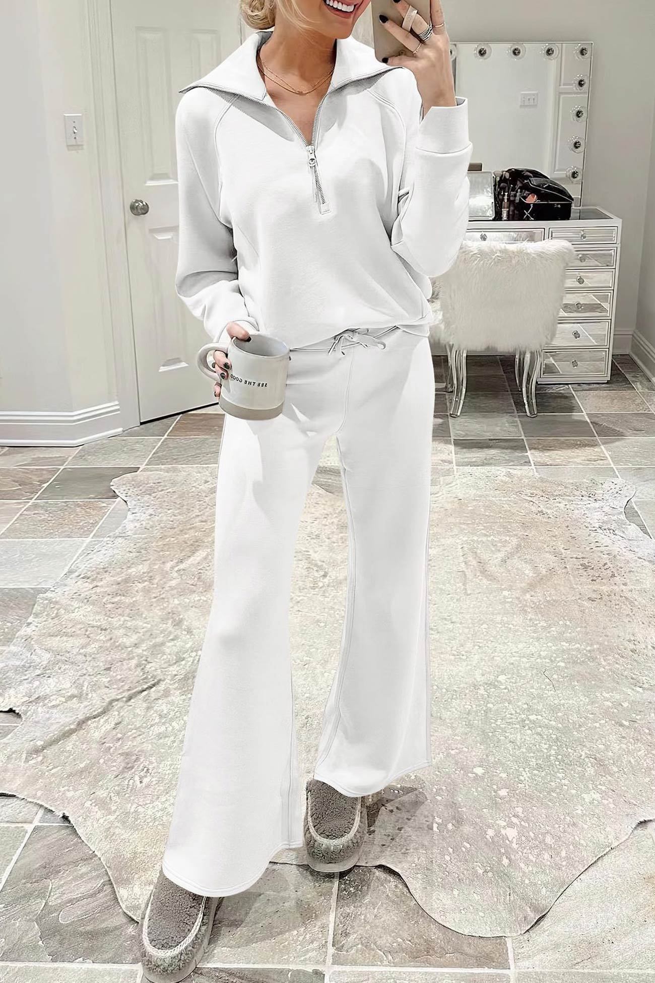 Lapel Zip-up Sweatshirt Wide Leg Sweatpants Set