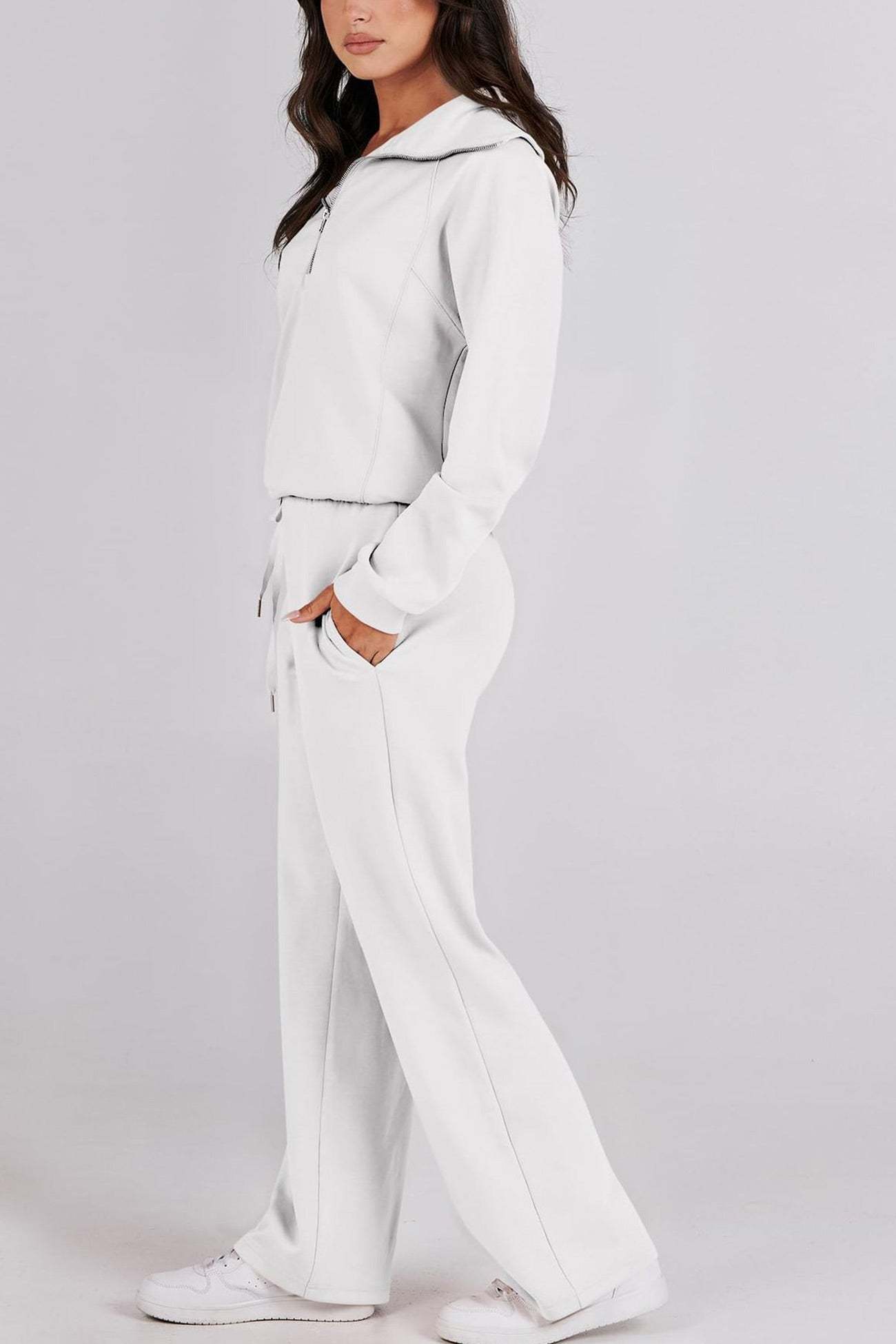 Lapel Zip-up Sweatshirt Wide Leg Sweatpants Set