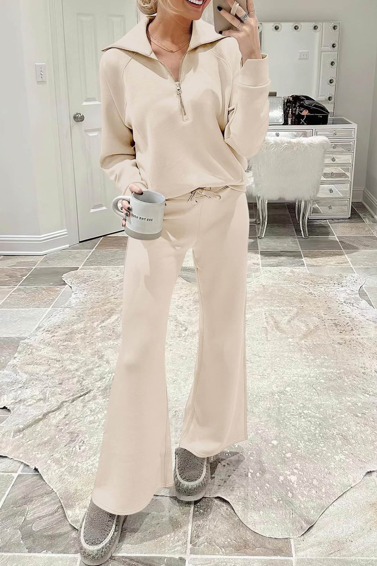 Lapel Zip-up Sweatshirt Wide Leg Sweatpants Set