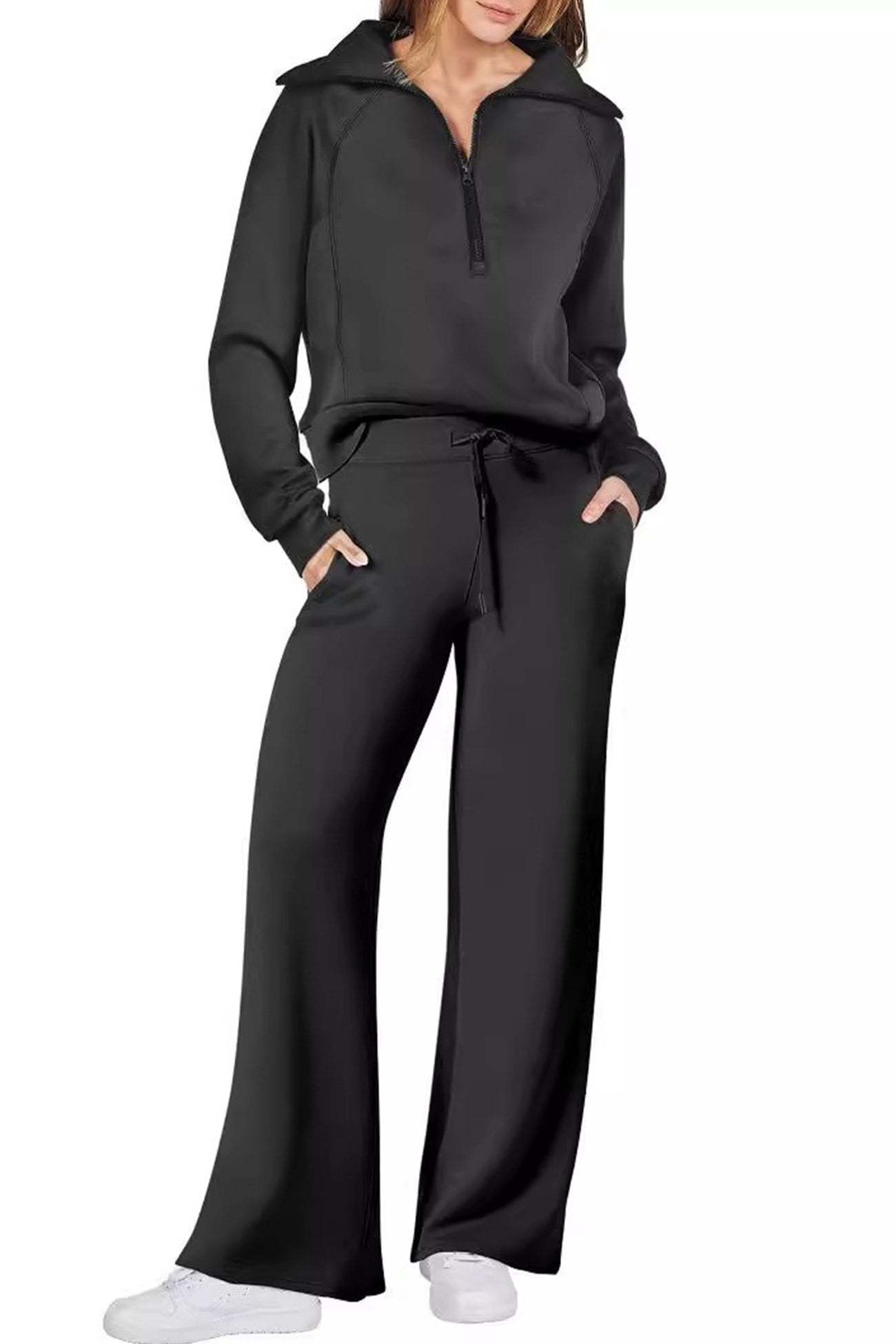 Lapel Zip-up Sweatshirt Wide Leg Sweatpants Set